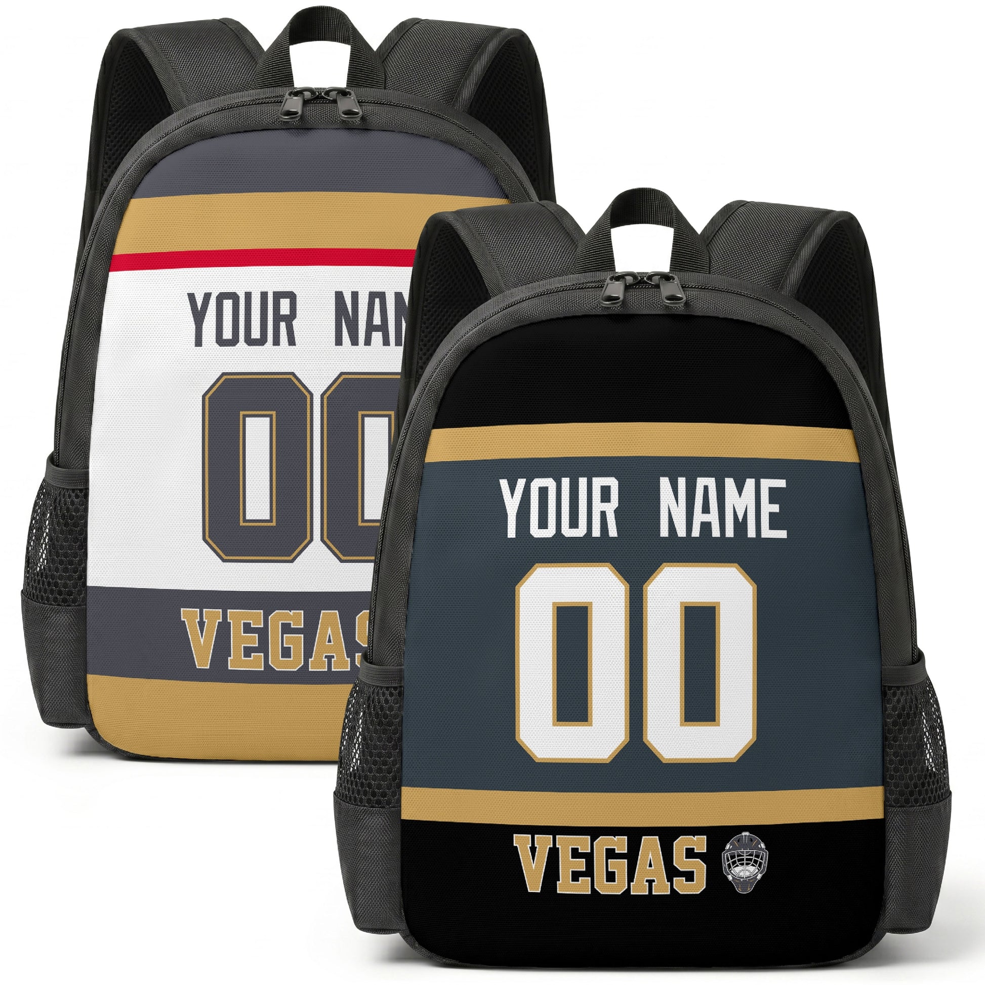 Custom hockey backpack for Vegas fans with name and number preview