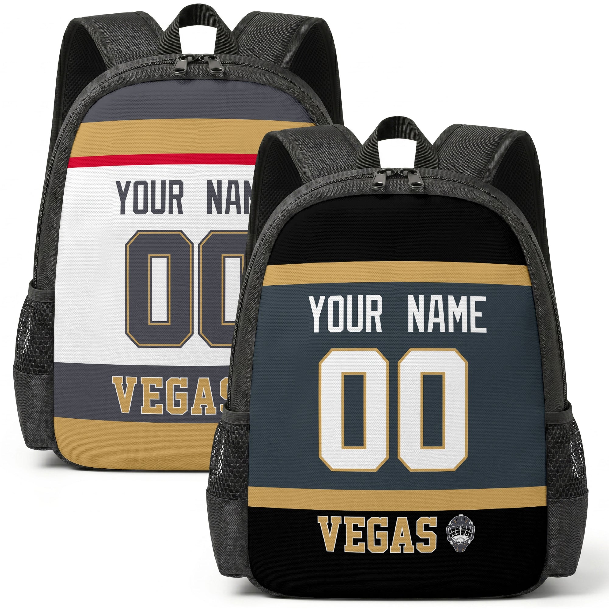 Custom hockey backpack for Vegas fans with name and number preview