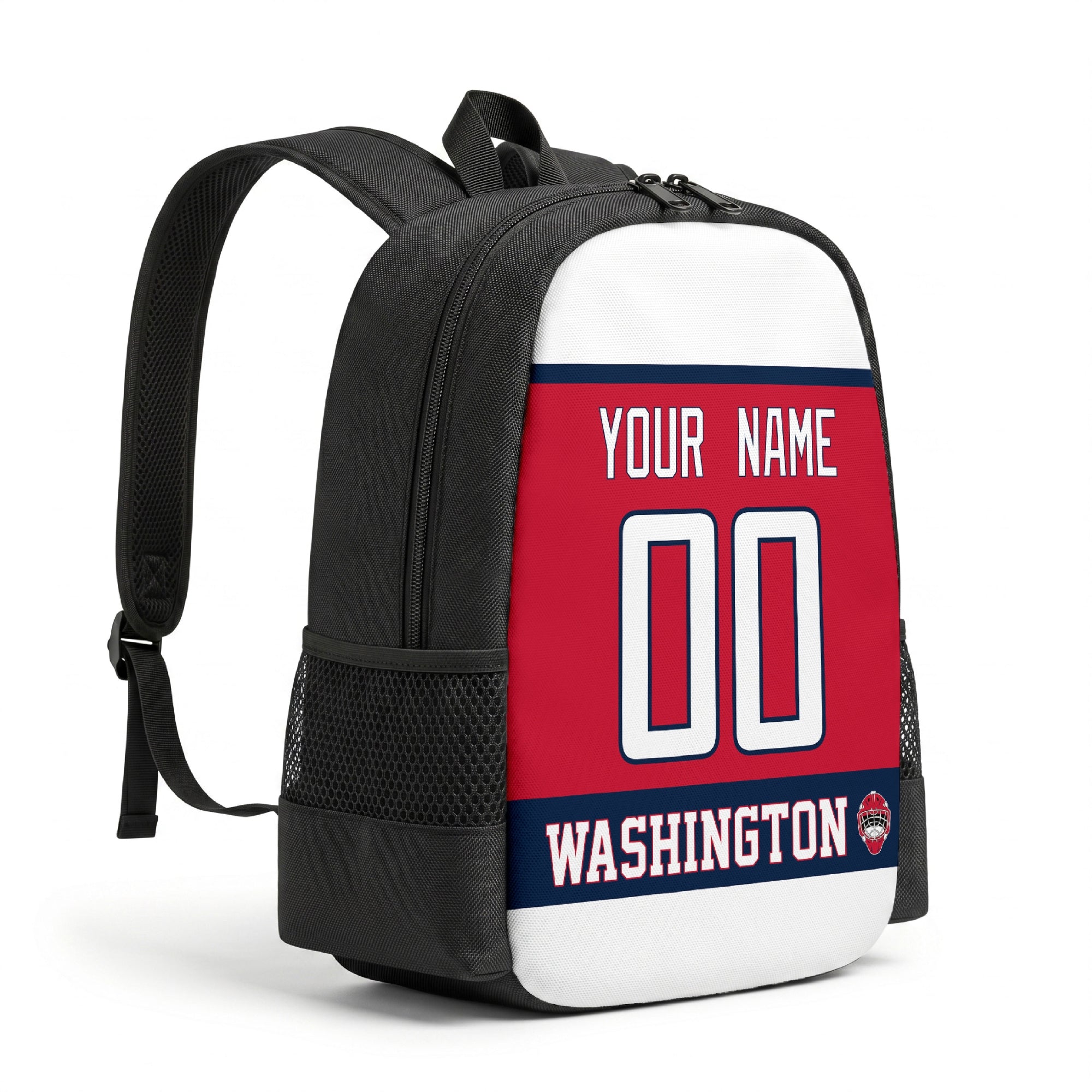 Washington hockey backpack angled view with side pocket