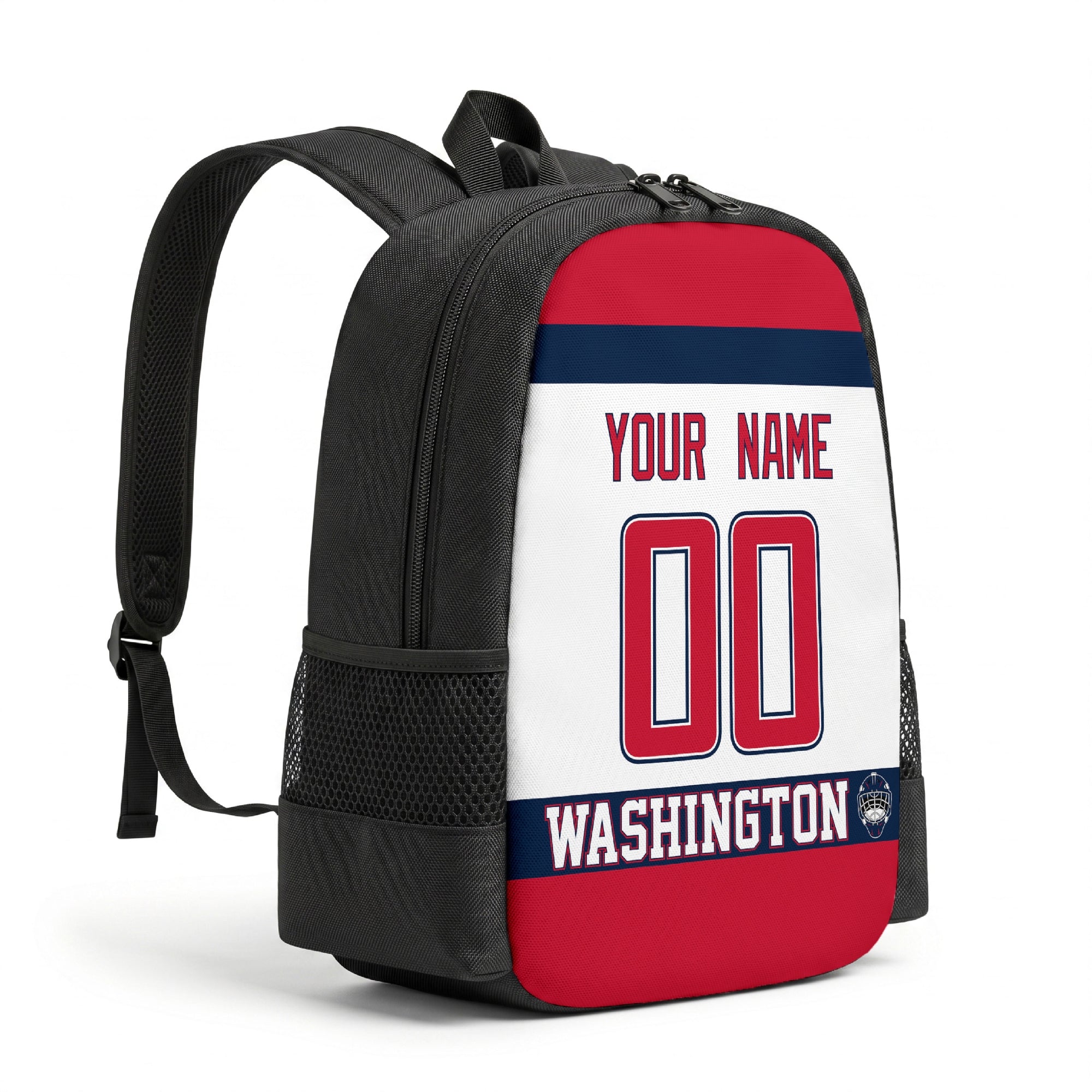 Washington personalized hockey backpack alternate angled view with side pocket