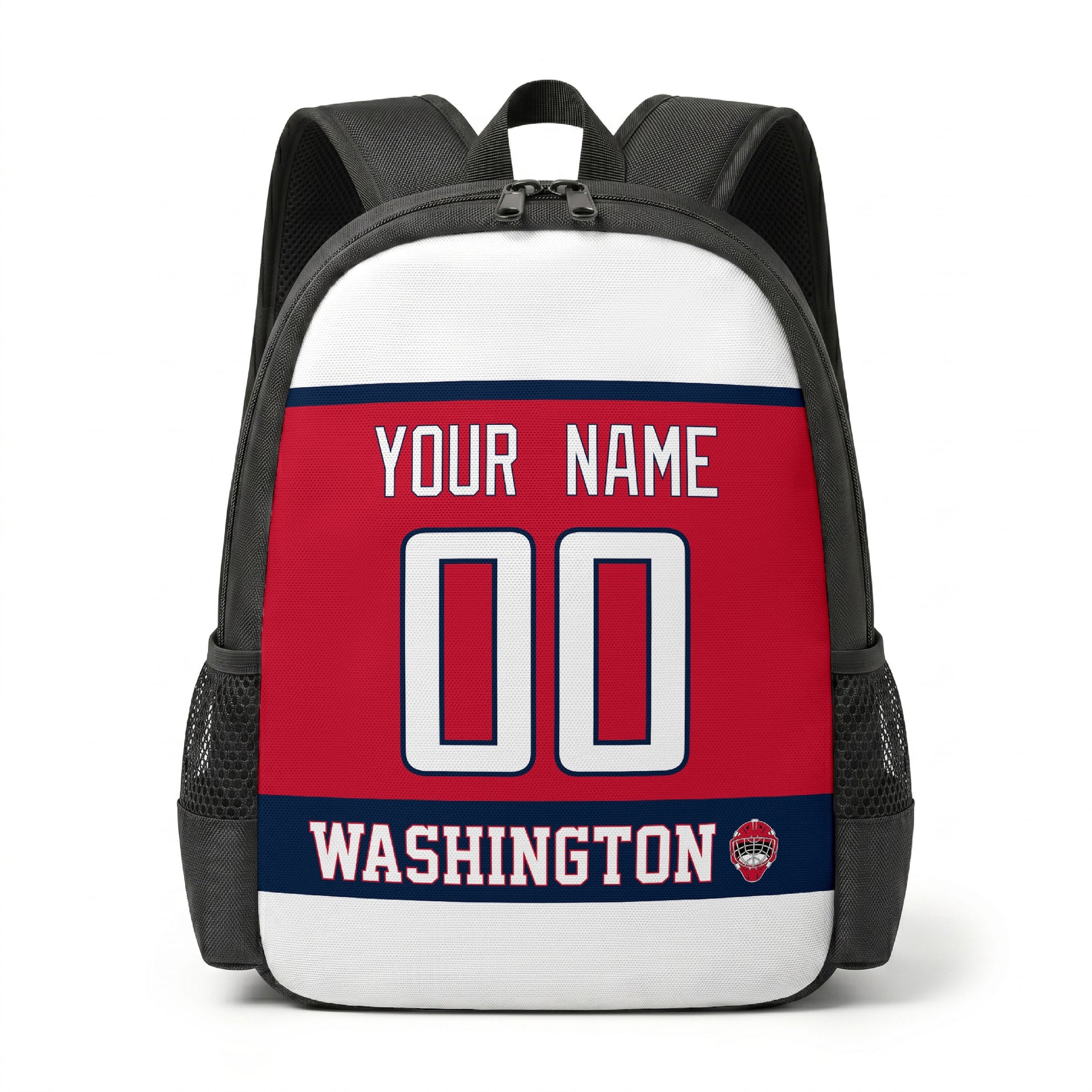 Washington hockey backpack front view with custom name and number