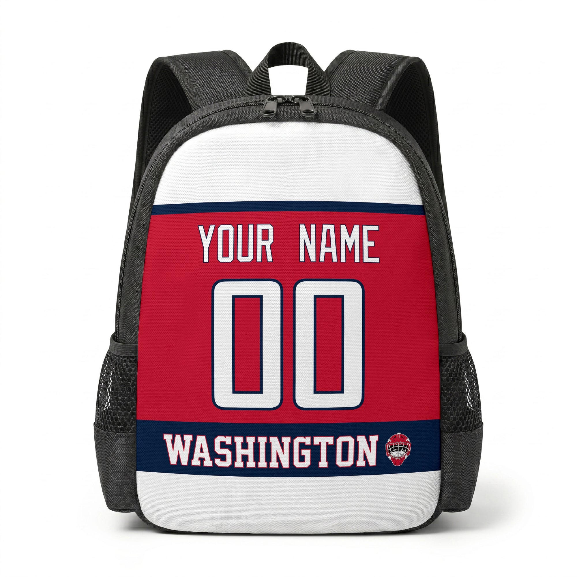Washington hockey backpack front view with custom name and number