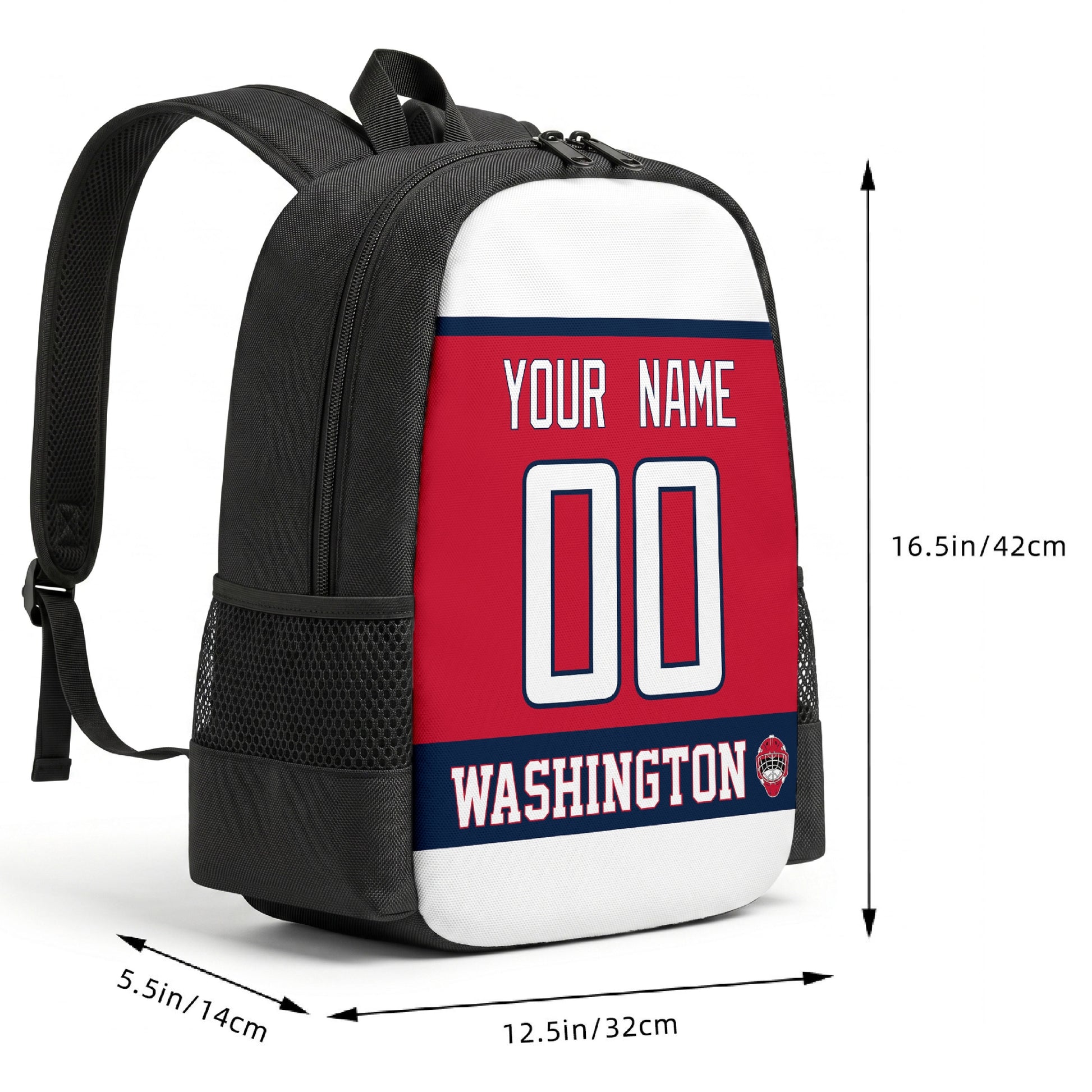 Washington custom hockey backpack size chart 16.5 by 12.5 by 5.5 inches