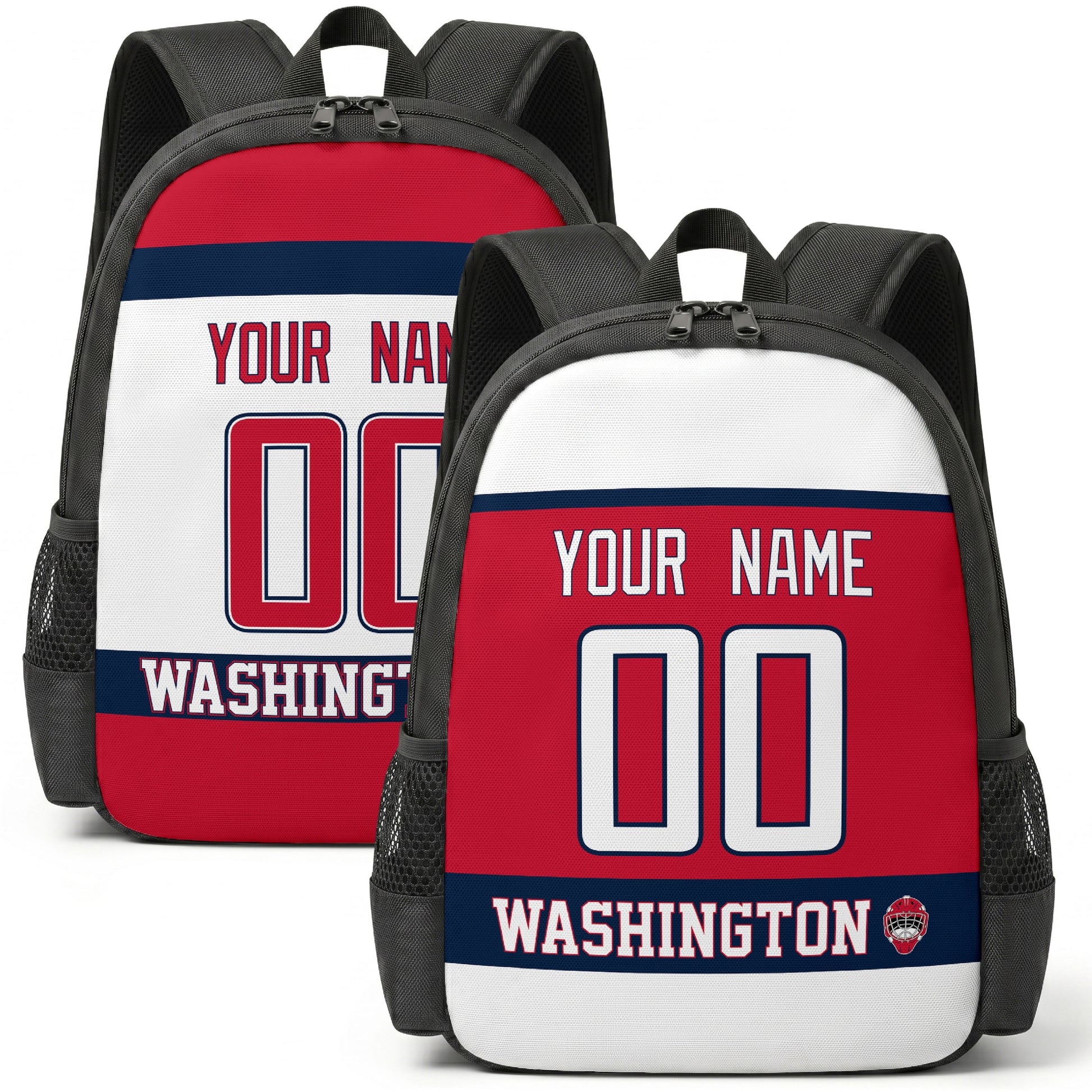 Custom hockey backpack for Washington fans with name and number preview