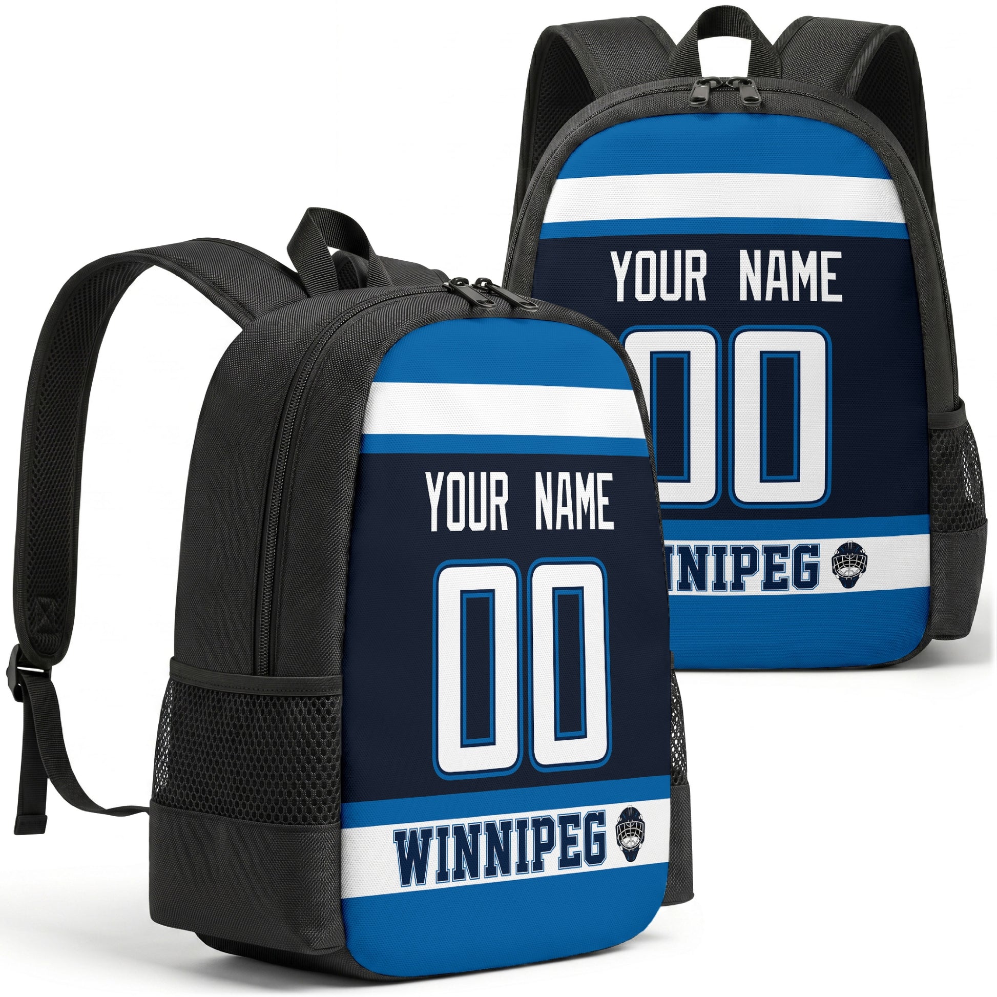 Winnipeg custom hockey backpack front and back product view