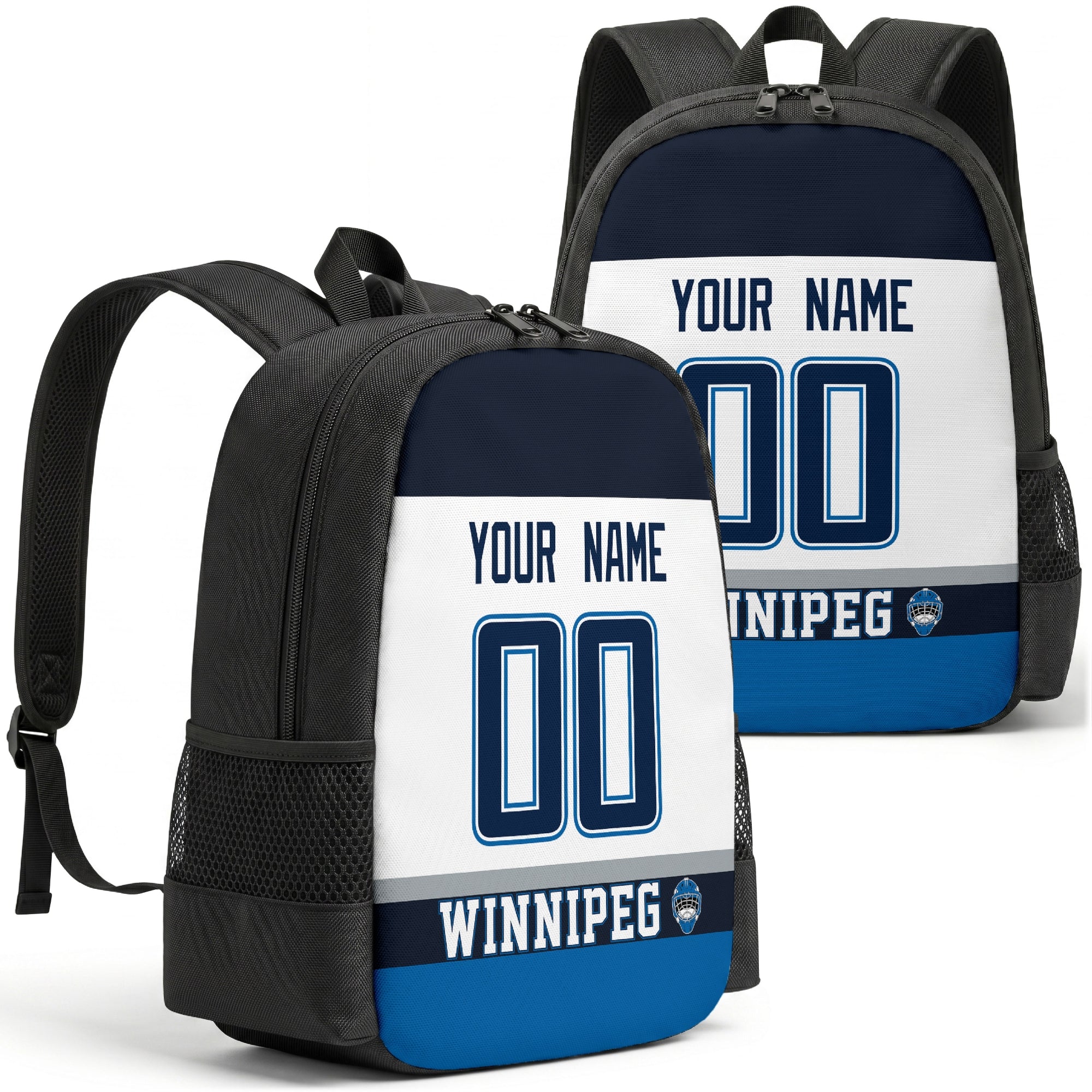 Winnipeg personalized hockey backpack alternate front and back product view
