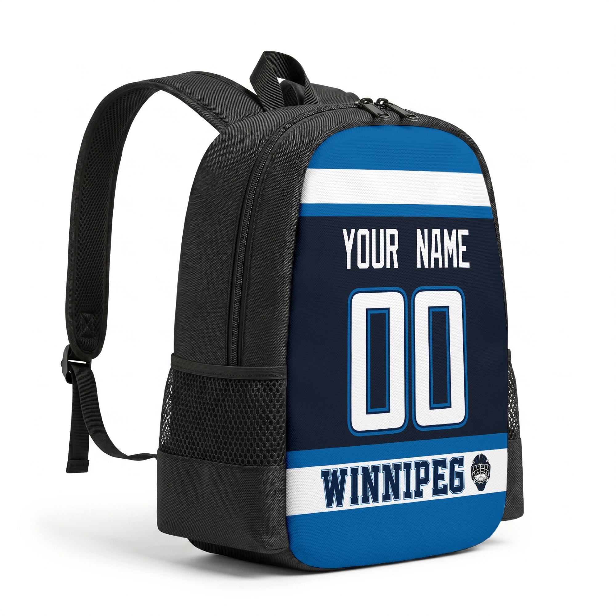 Winnipeg hockey backpack angled view with side pocket