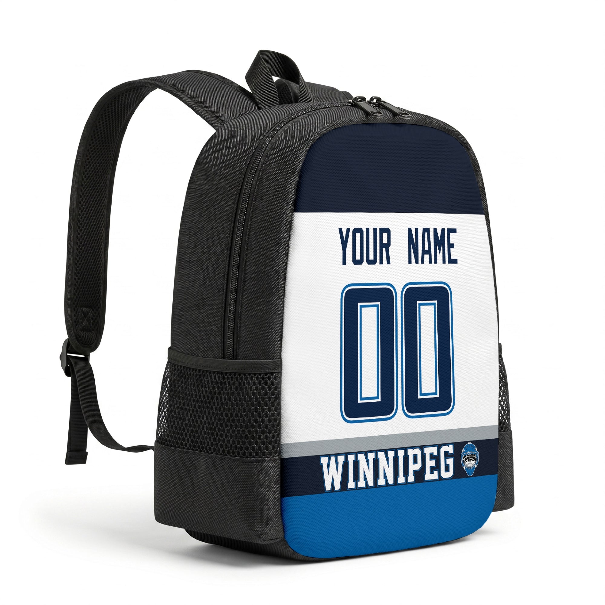 Winnipeg personalized hockey backpack alternate angled view with side pocket