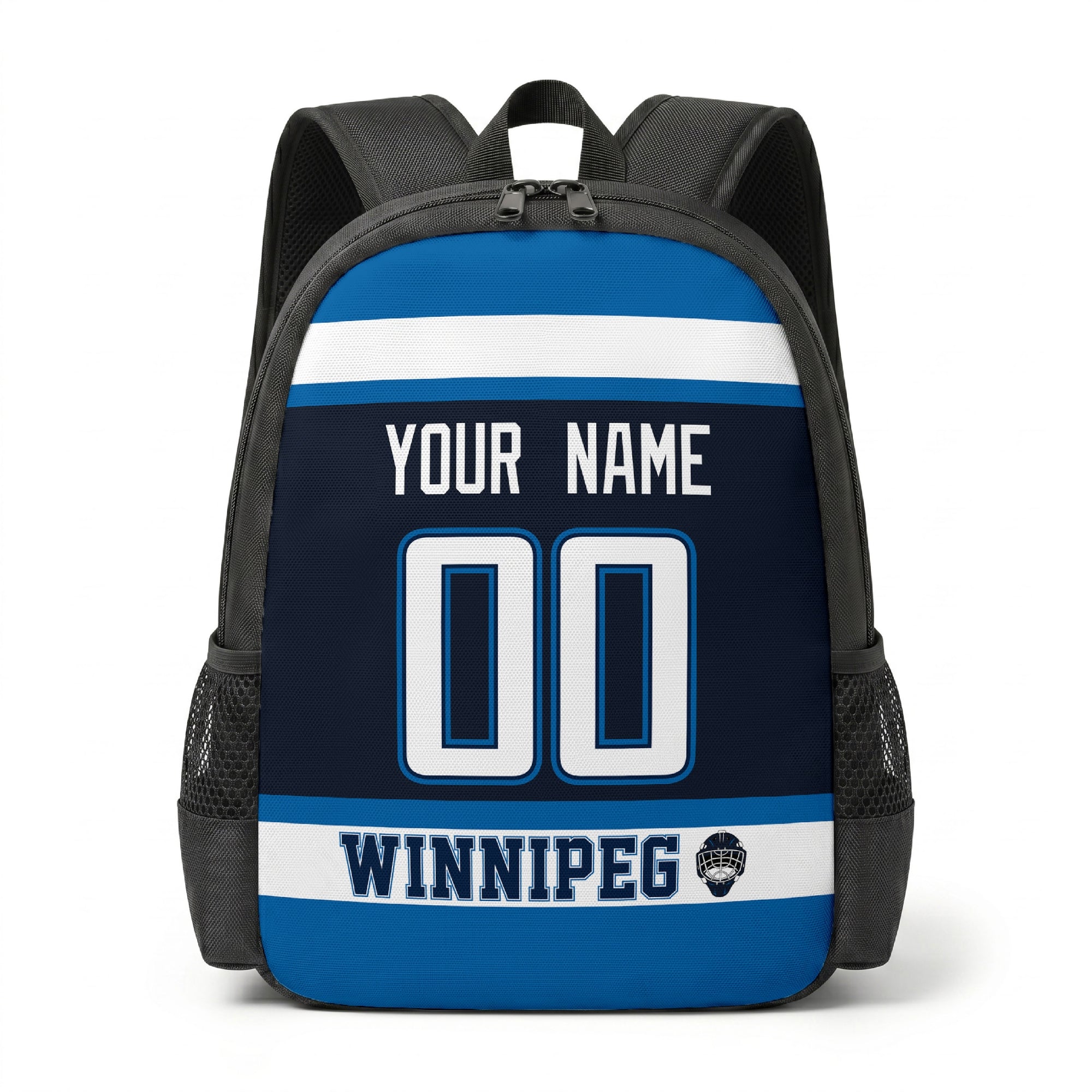 Winnipeg hockey backpack front view with custom name and number