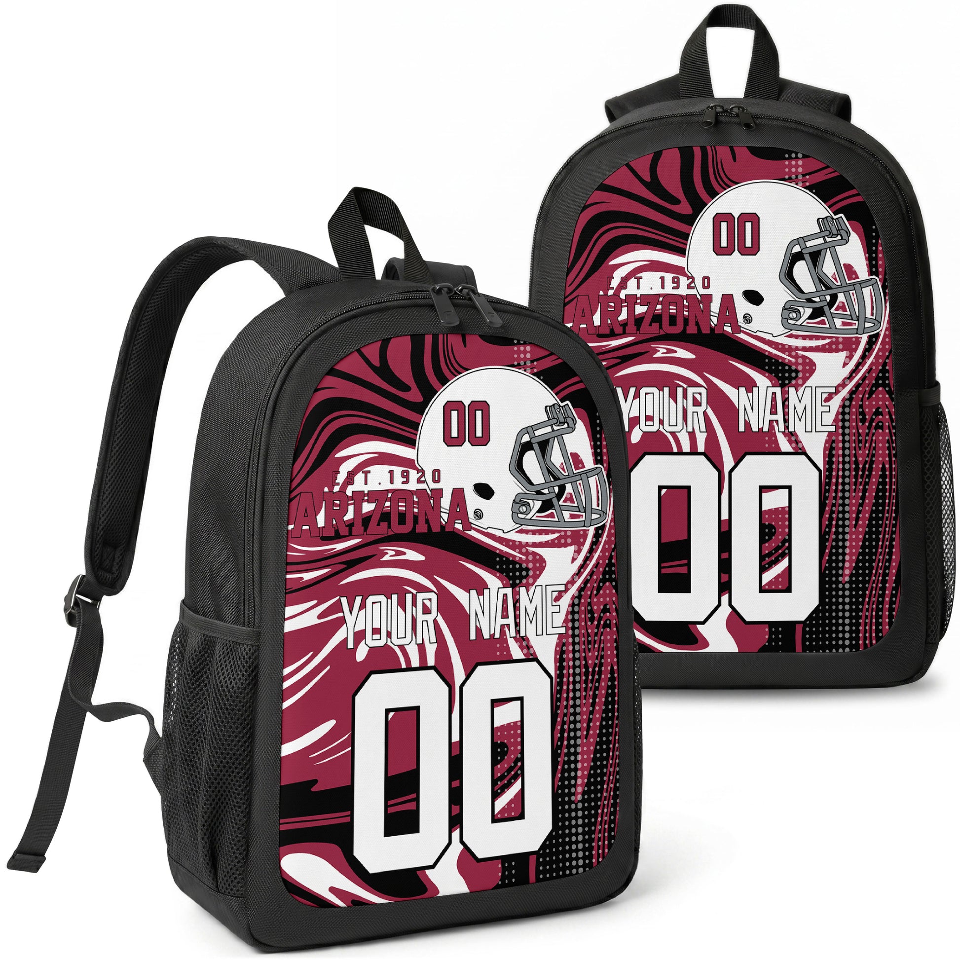Arizona custom football backpack with name and number, front and angled product view