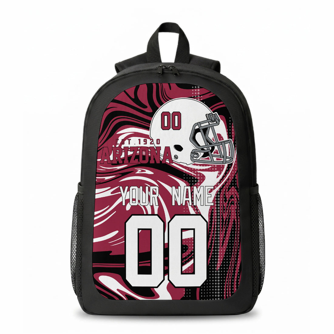Arizona custom football backpack with name and number, front and angled product view