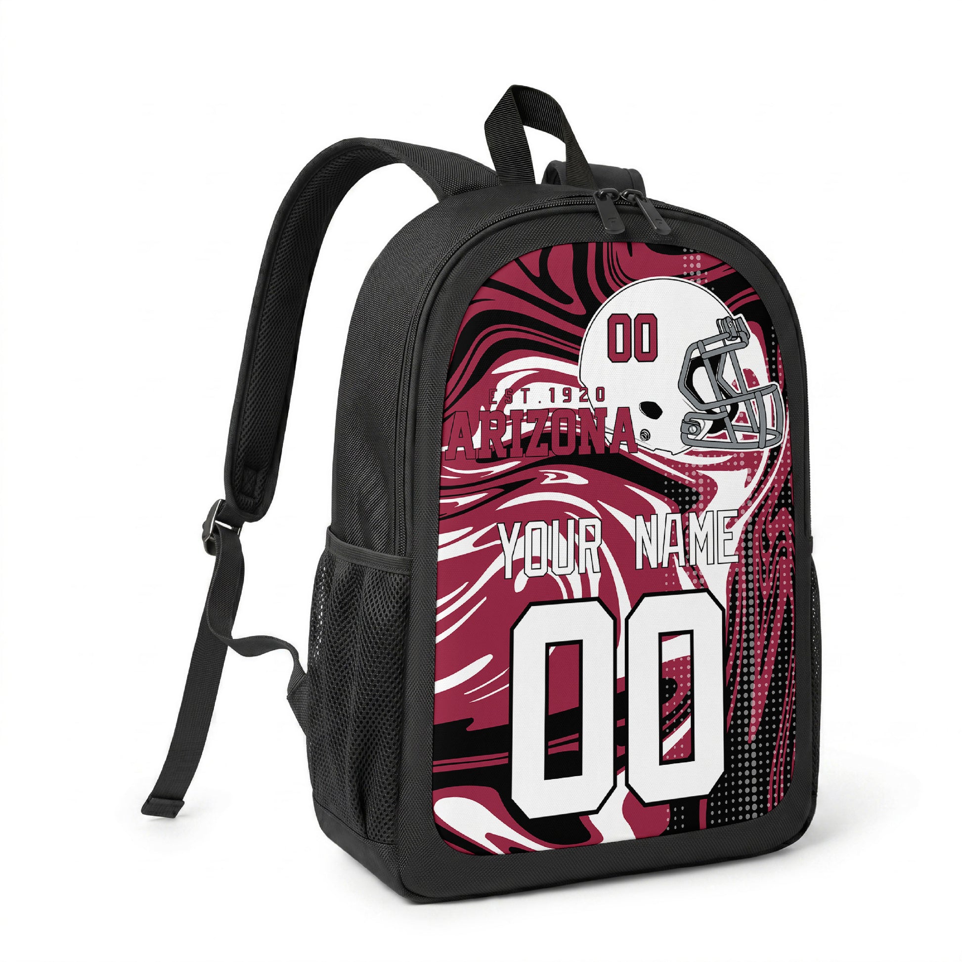 Arizona custom name and number football backpack angled side view with black straps