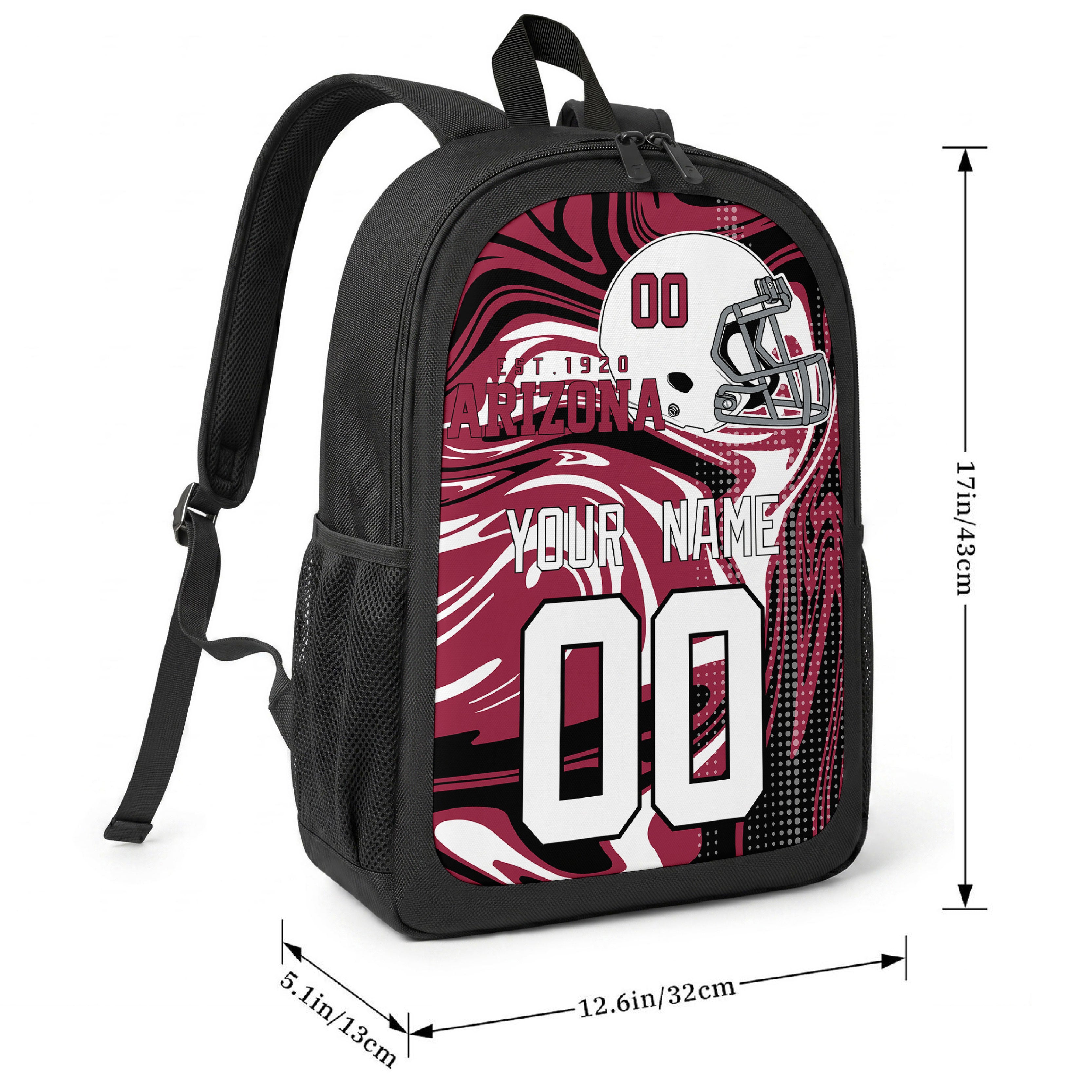 Arizona football-inspired backpack size chart showing 17 inch height, 12.6 inch width, and 5.1 inch depth