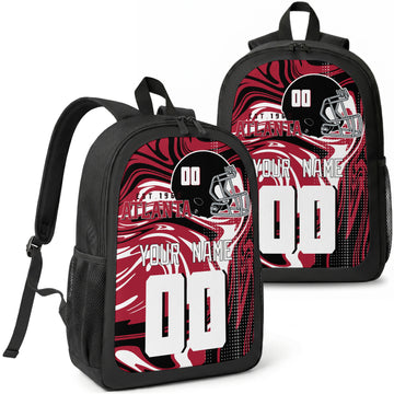 Atlanta custom football backpack with name and number, front and angled product view