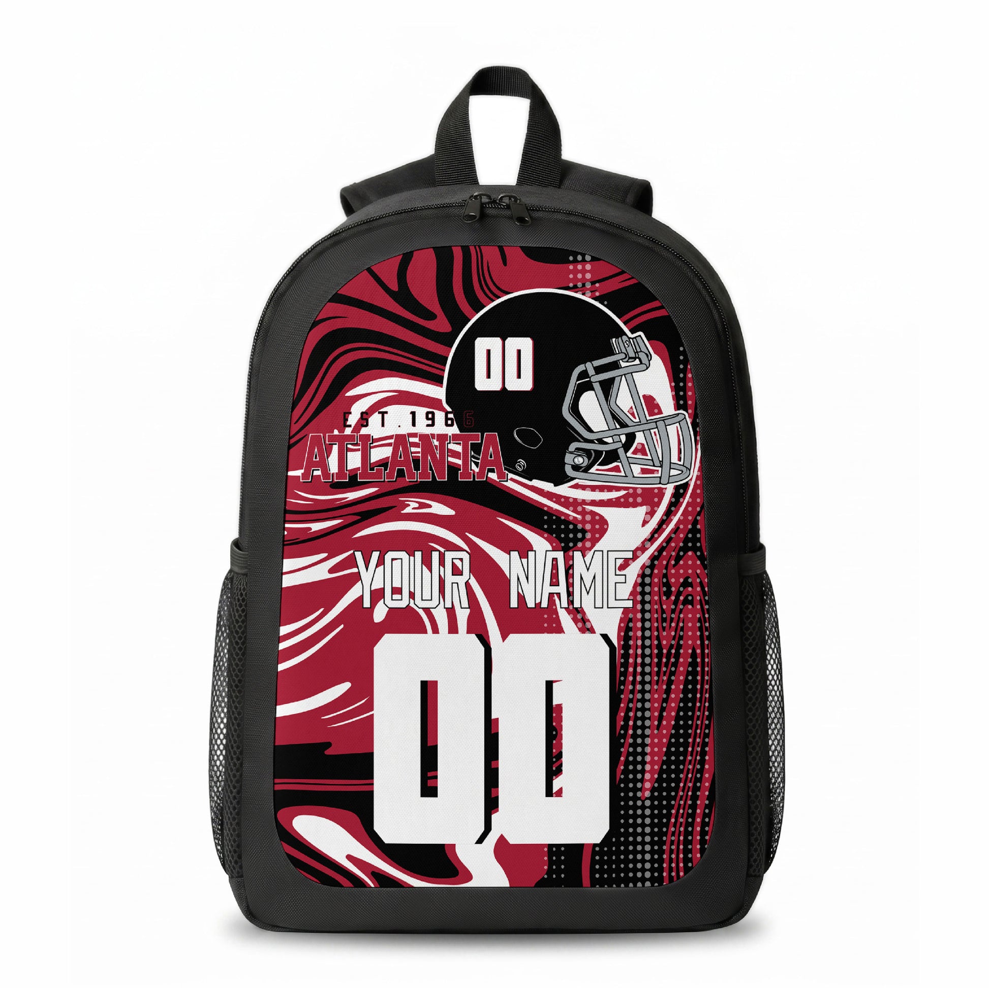 Atlanta city colors personalized football backpack front view with helmet-style graphic