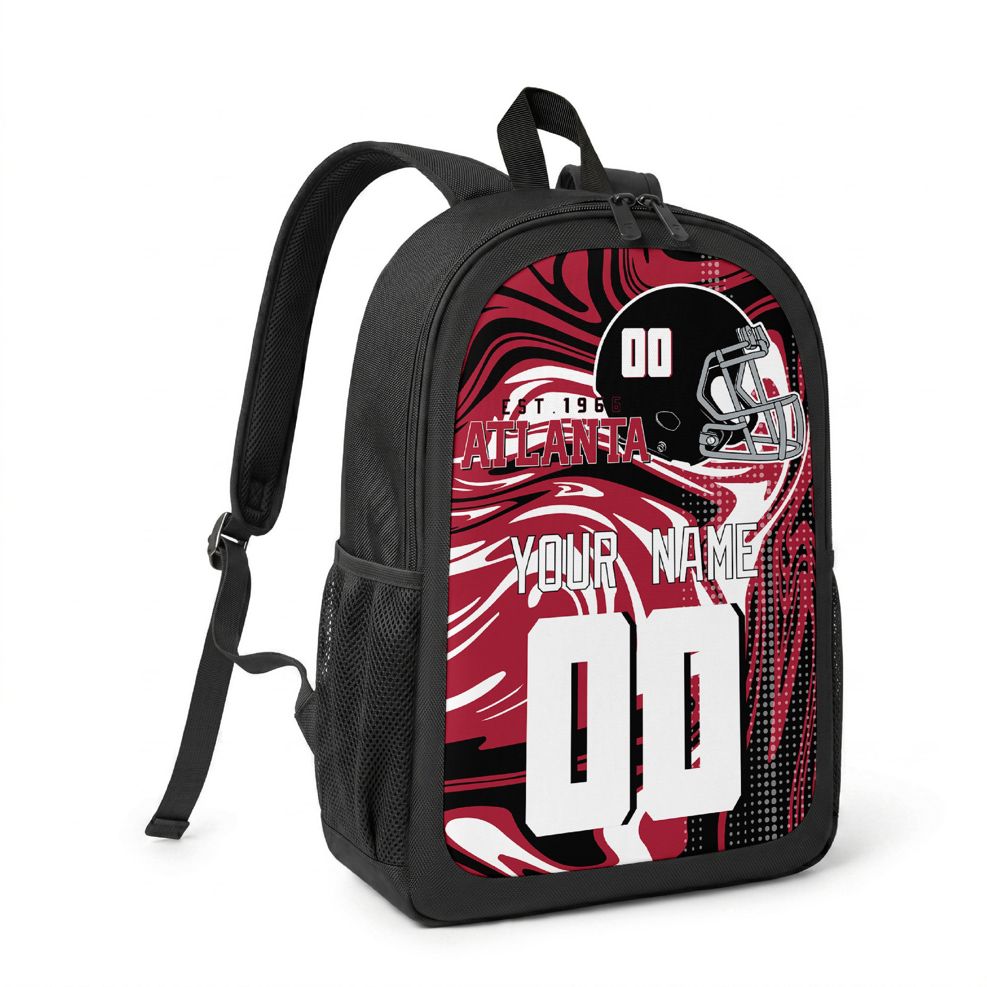 Atlanta custom name and number football backpack angled side view with black straps