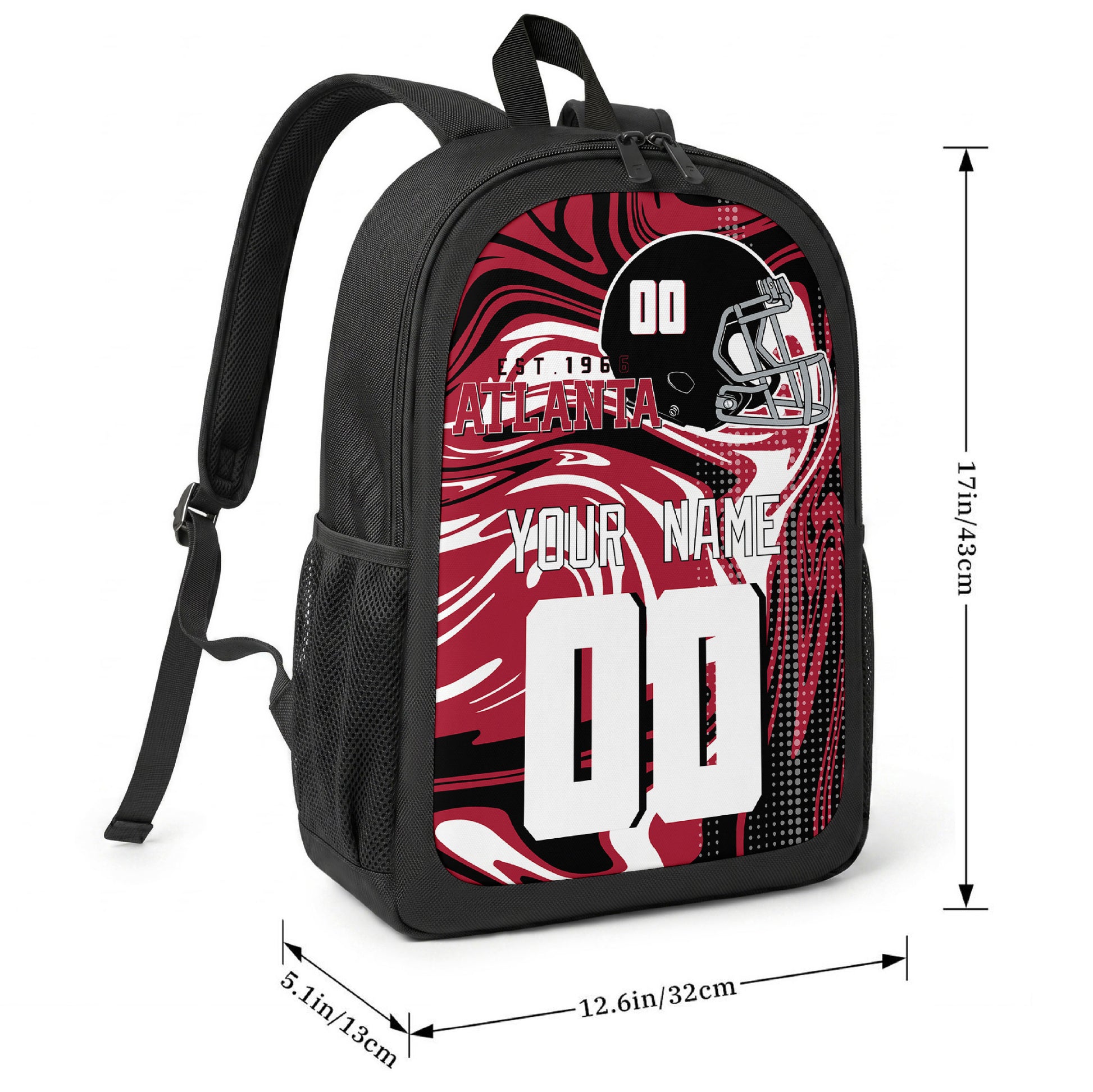 Atlanta football-inspired backpack size chart showing 17 inch height, 12.6 inch width, and 5.1 inch depth