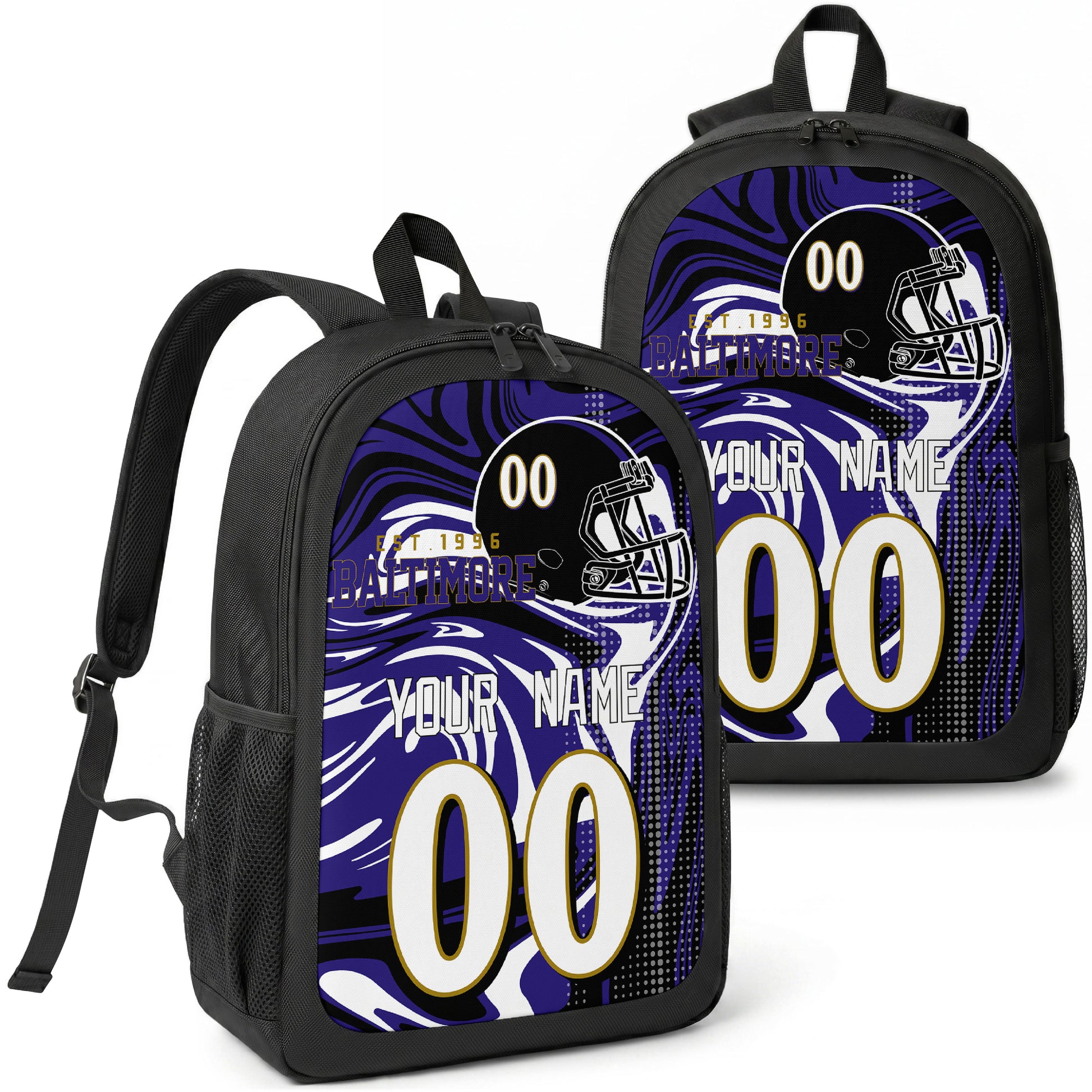 Baltimore custom football backpack with name and number, front and angled product view
