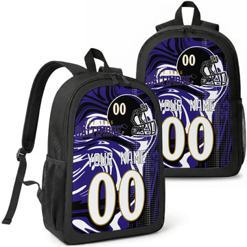 Baltimore custom football backpack with name and number, front and angled product view
