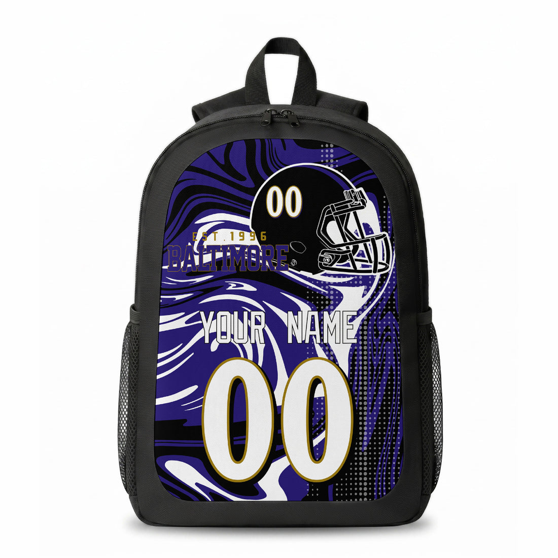Baltimore custom football backpack with name and number, front and angled product view