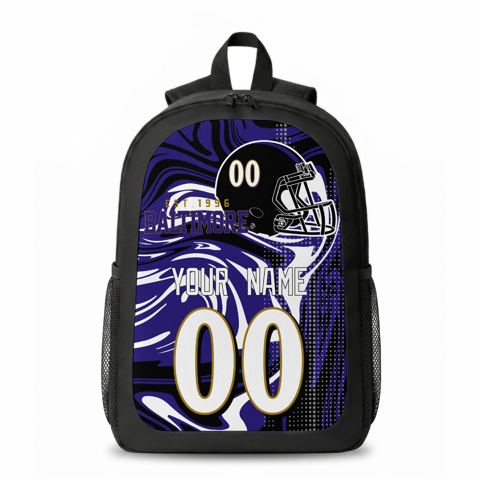 Baltimore city colors personalized football backpack front view with helmet-style graphic