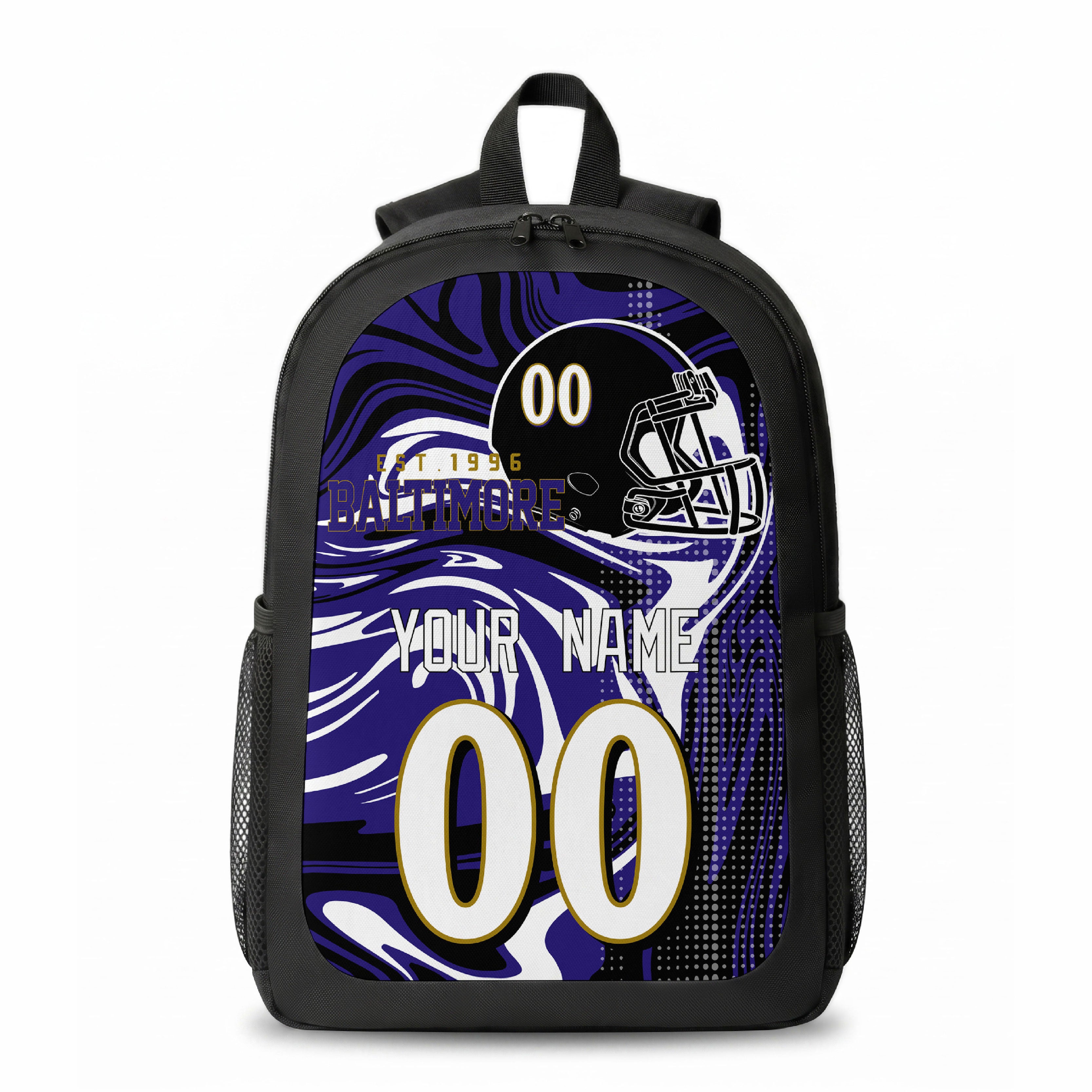 Baltimore city colors personalized football backpack front view with helmet-style graphic