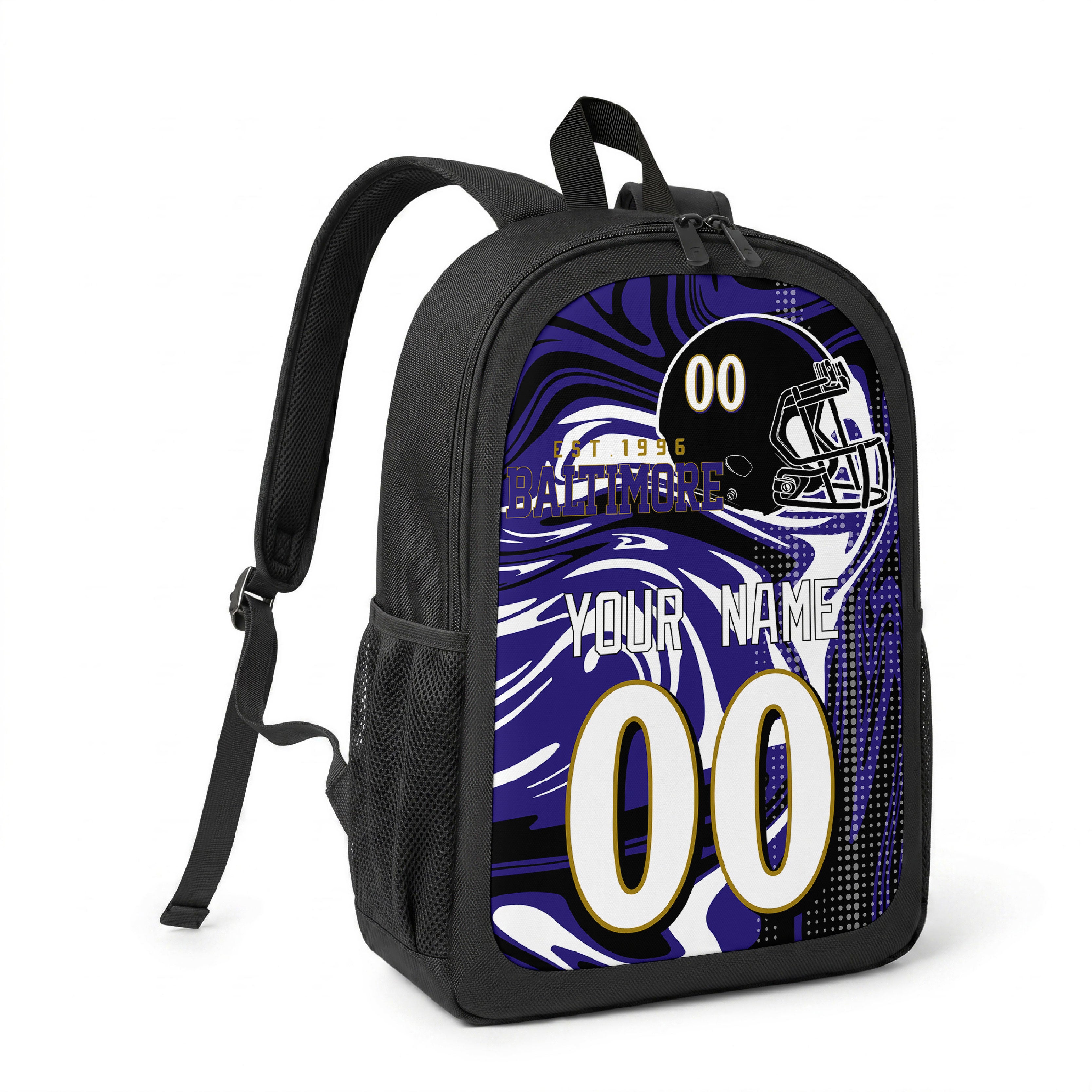Baltimore custom name and number football backpack angled side view with black straps