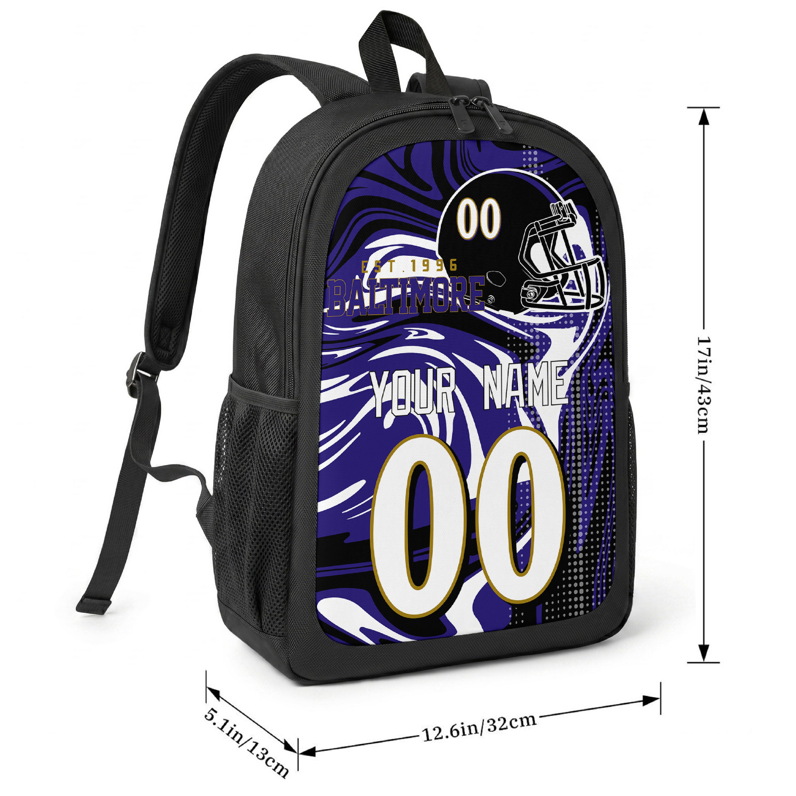 Baltimore football-inspired backpack size chart showing 17 inch height, 12.6 inch width, and 5.1 inch depth