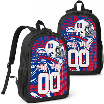 Buffalo custom football backpack with name and number, front and angled product view