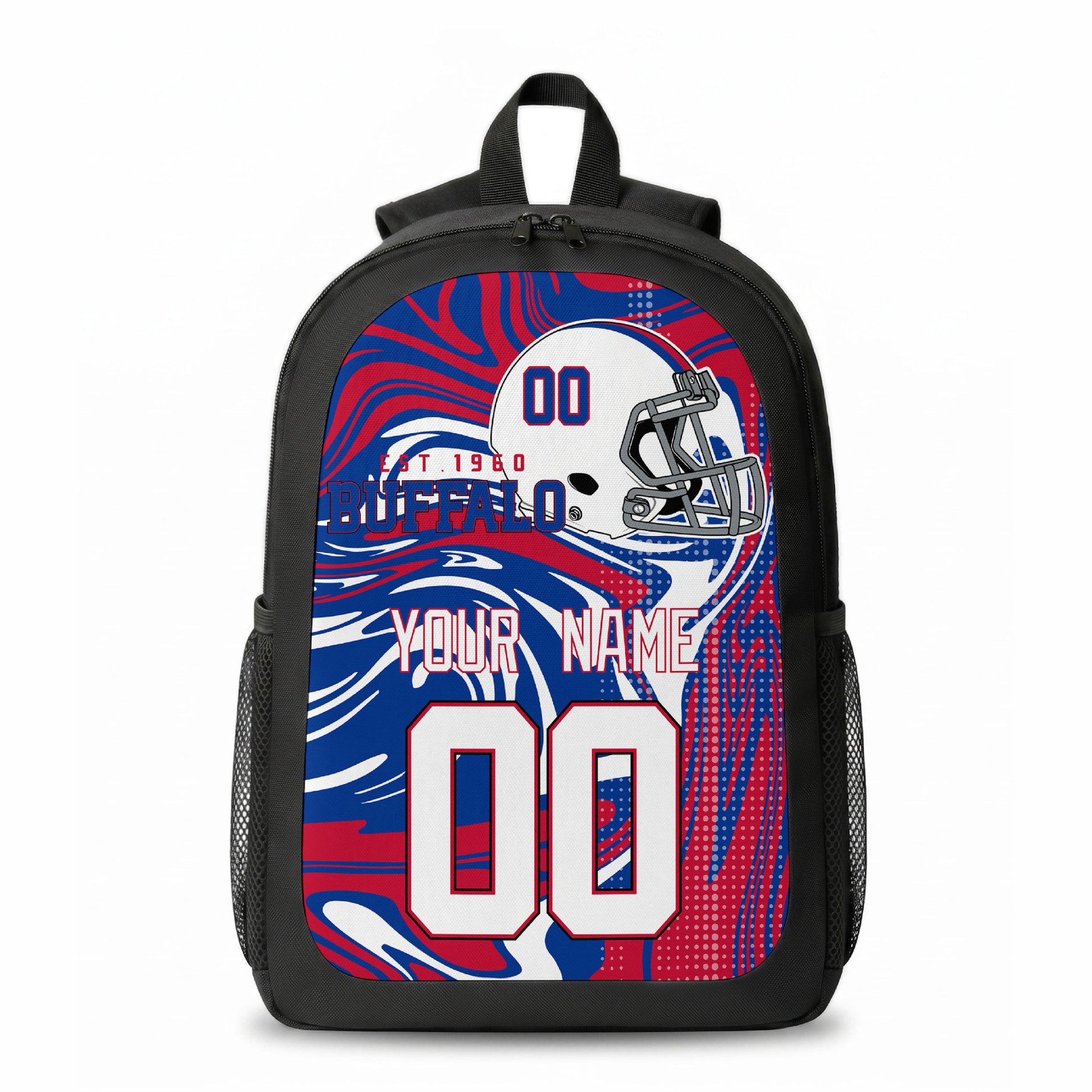 Buffalo city colors personalized football backpack front view with helmet-style graphic