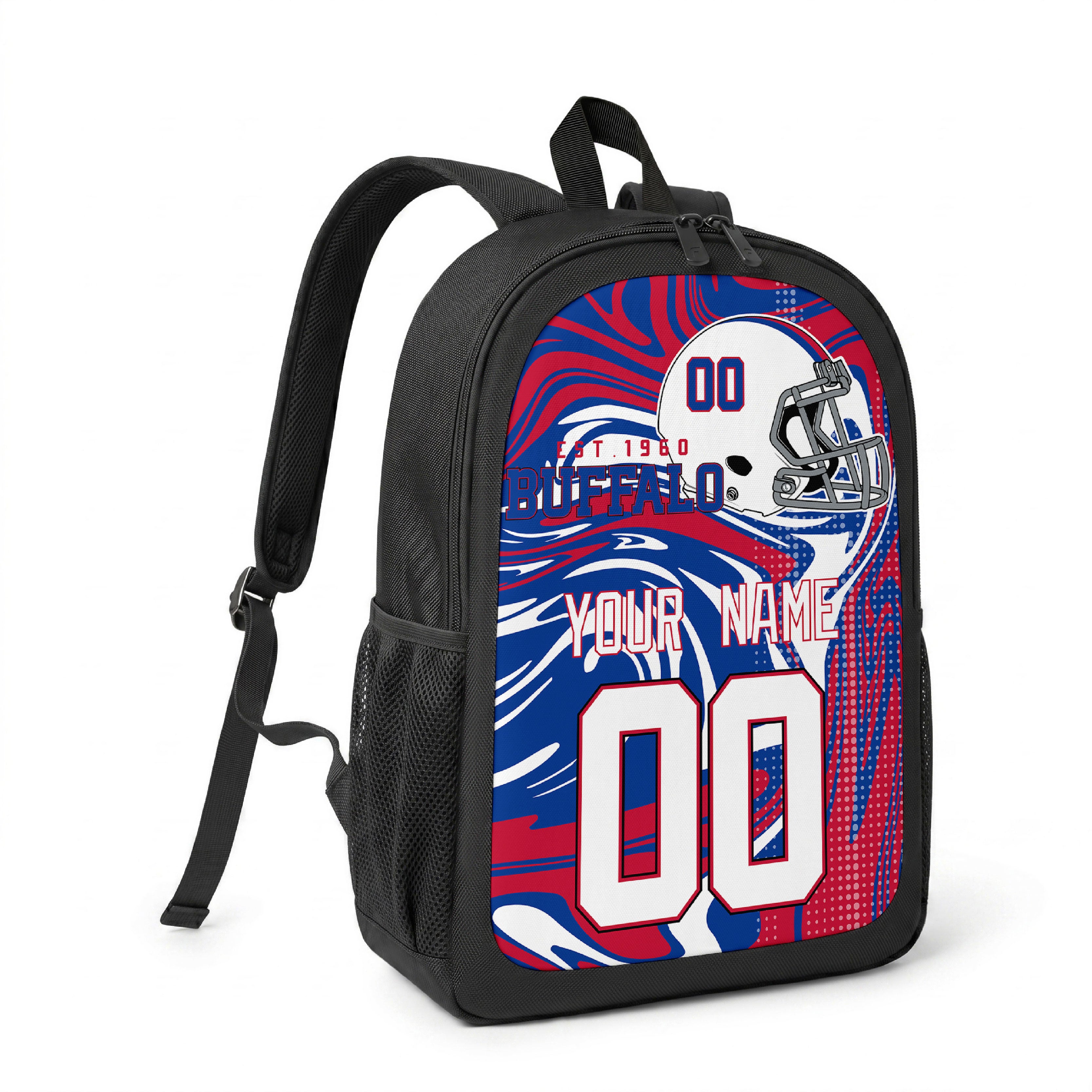Buffalo custom name and number football backpack angled side view with black straps