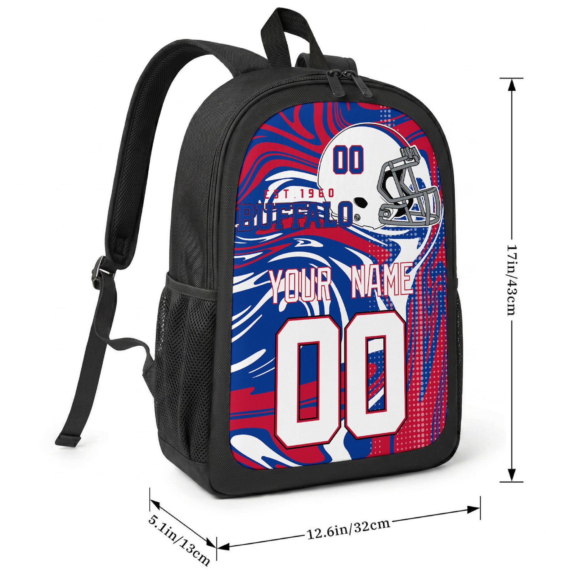 Buffalo football-inspired backpack size chart showing 17 inch height, 12.6 inch width, and 5.1 inch depth