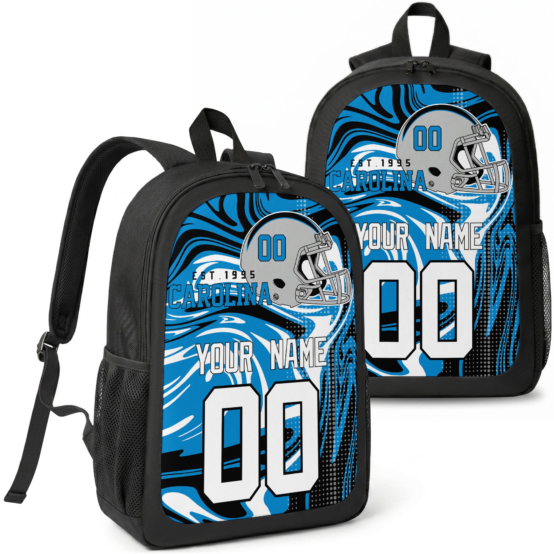 Carolina custom football backpack with name and number, front and angled product view