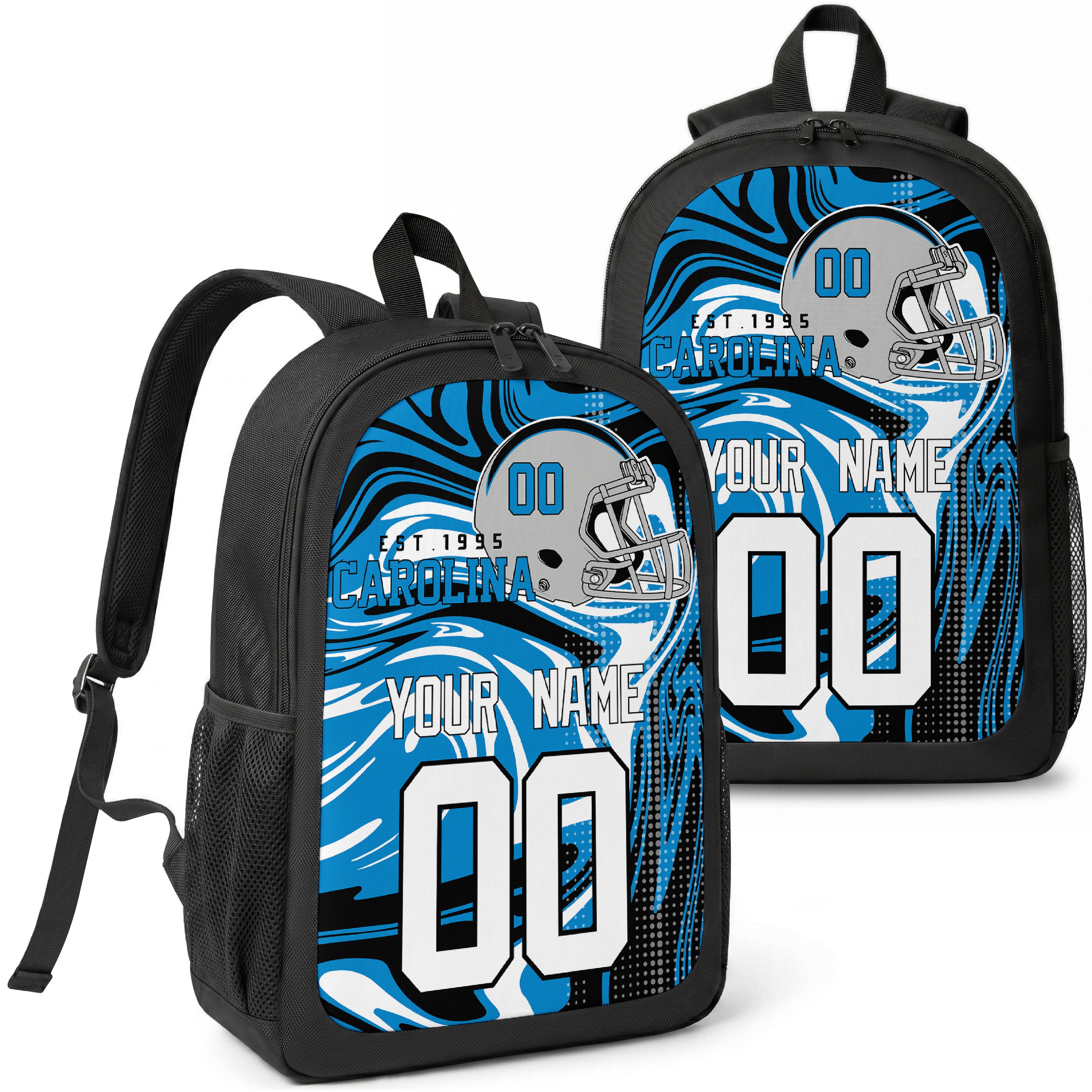Carolina custom football backpack with name and number, front and angled product view