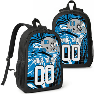 Carolina custom football backpack with name and number, front and angled product view