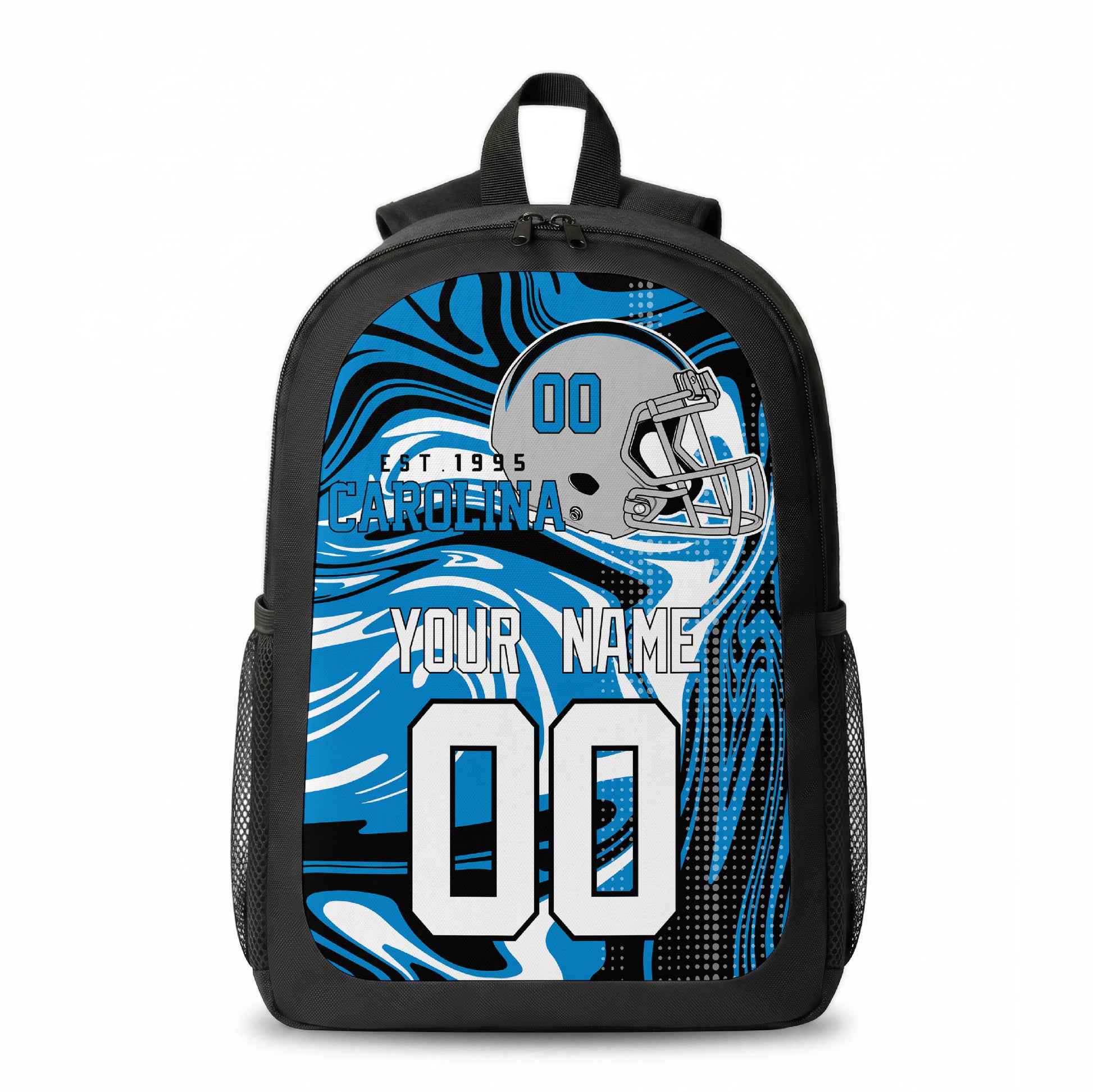 Carolina city colors personalized football backpack front view with helmet-style graphic