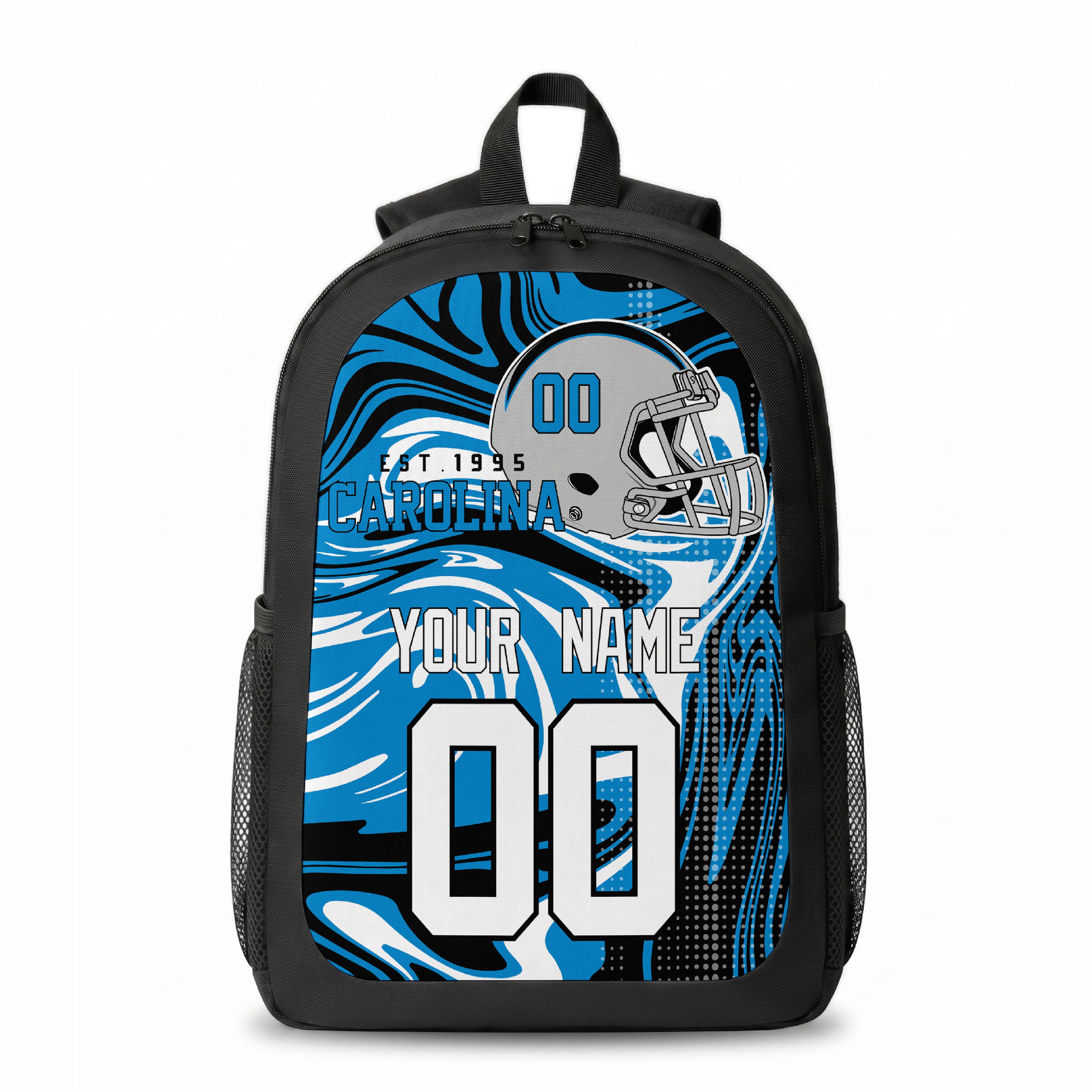 Carolina city colors personalized football backpack front view with helmet-style graphic