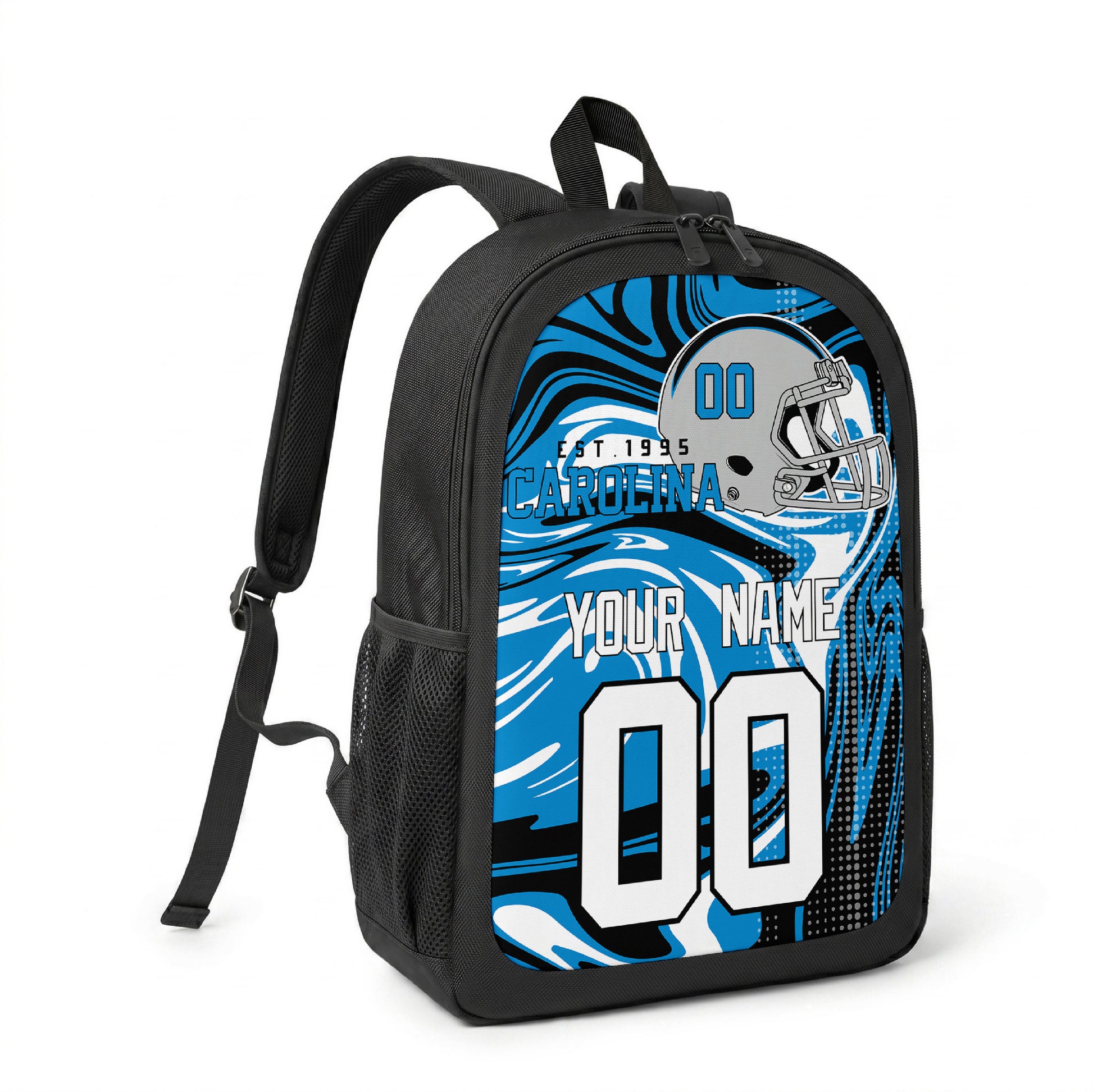 Carolina custom name and number football backpack angled side view with black straps