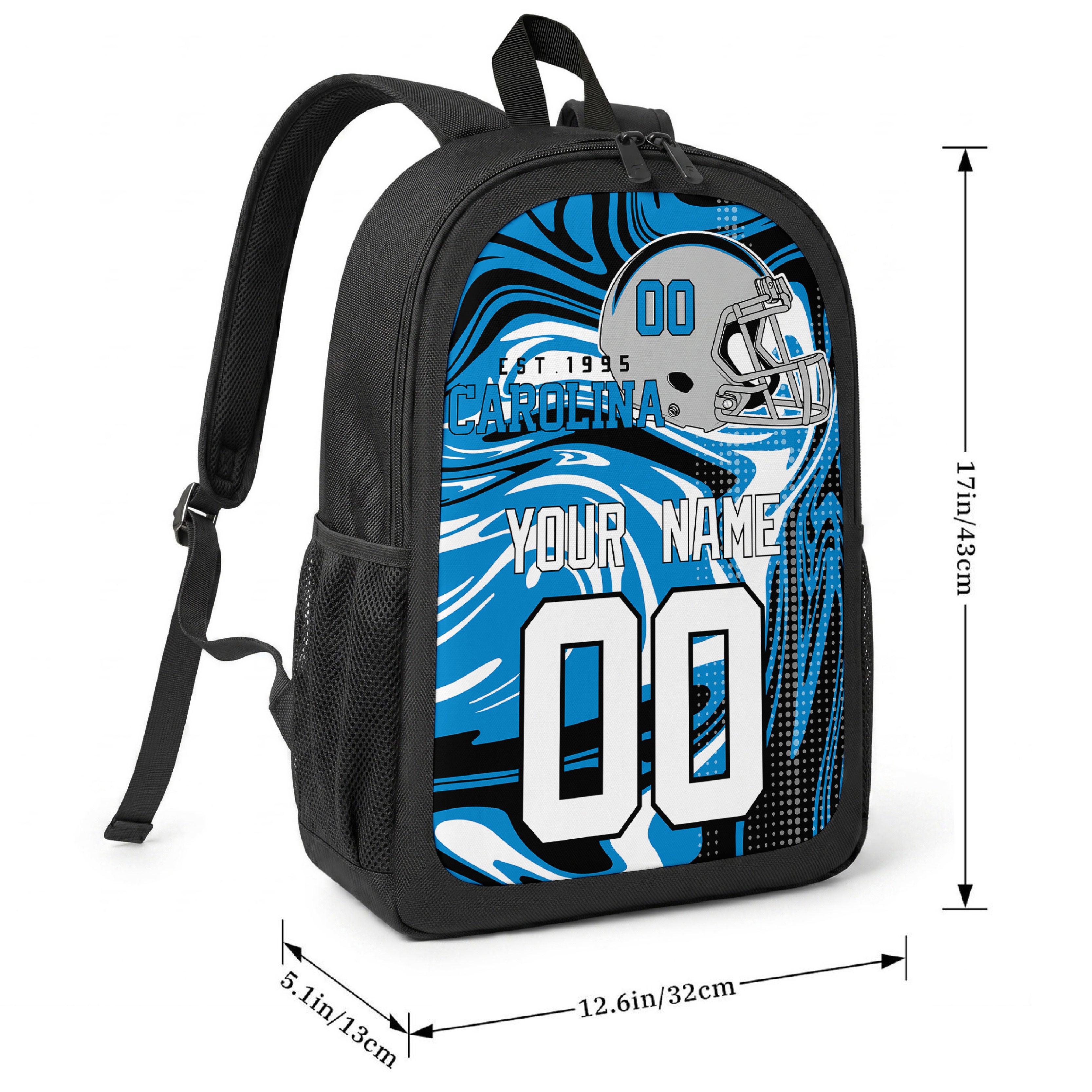 Carolina football-inspired backpack size chart showing 17 inch height, 12.6 inch width, and 5.1 inch depth