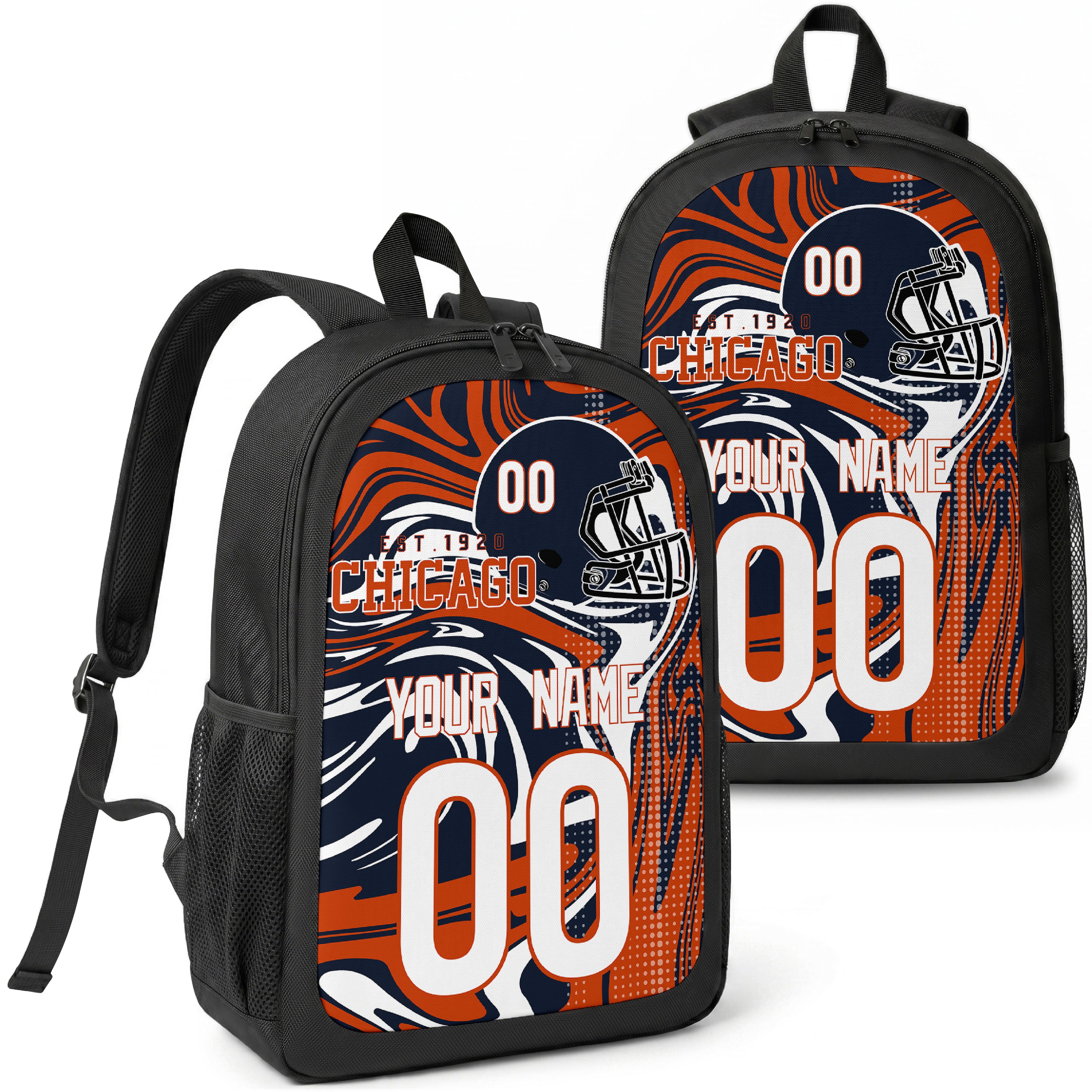 Chicago custom football backpack with name and number, front and angled product view