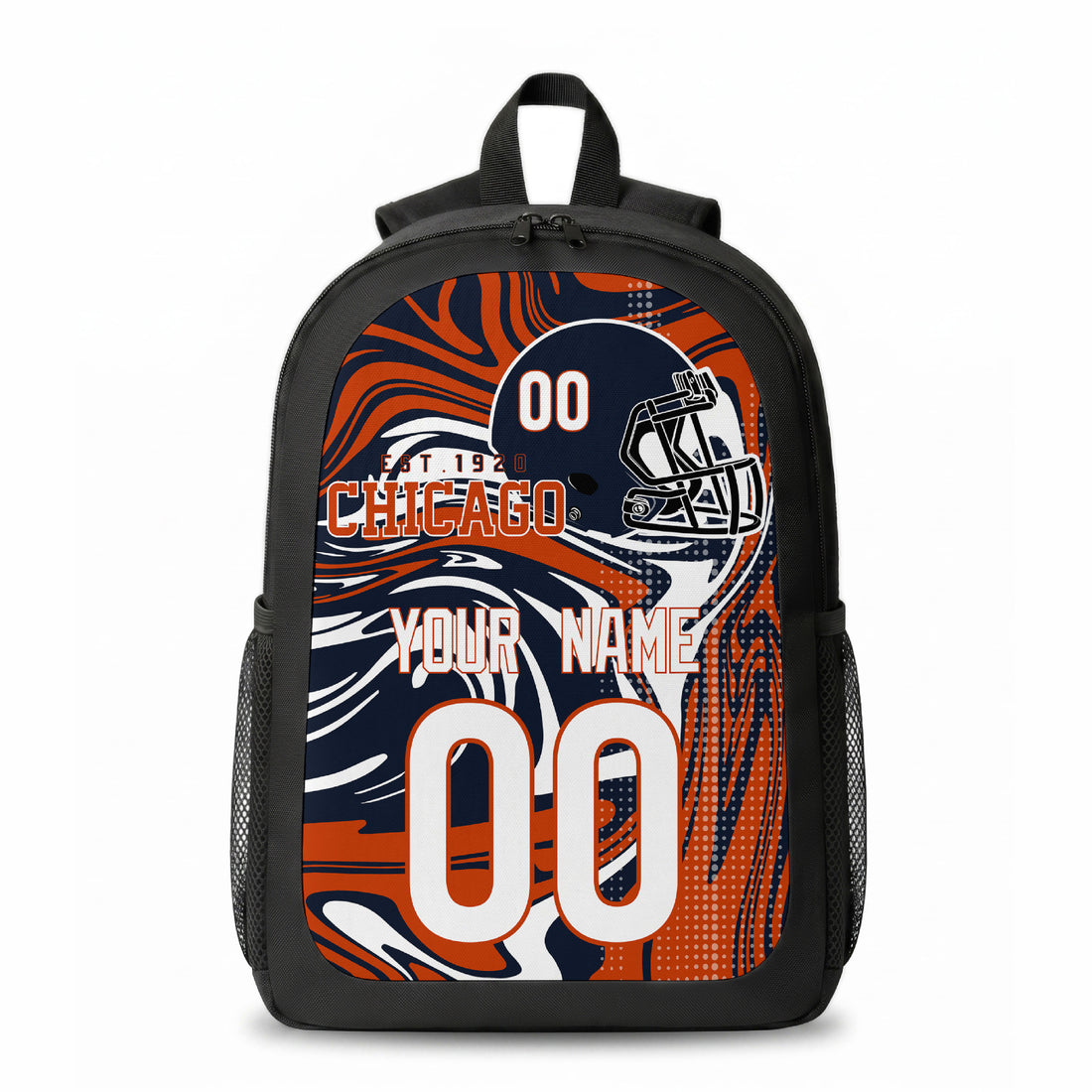 Chicago custom football backpack with name and number, front and angled product view