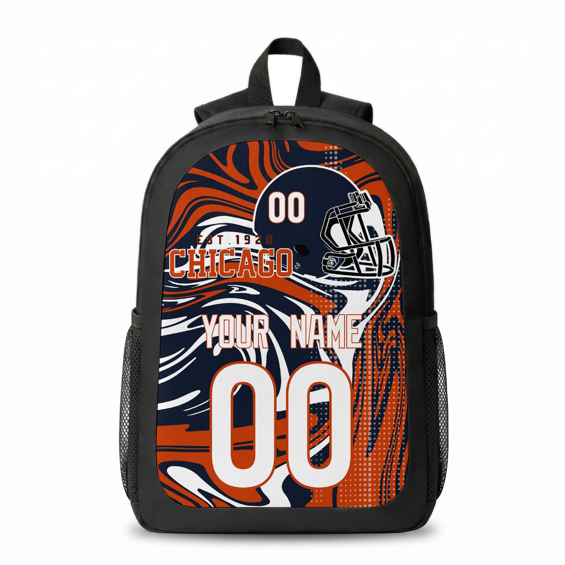 Chicago city colors personalized football backpack front view with helmet-style graphic