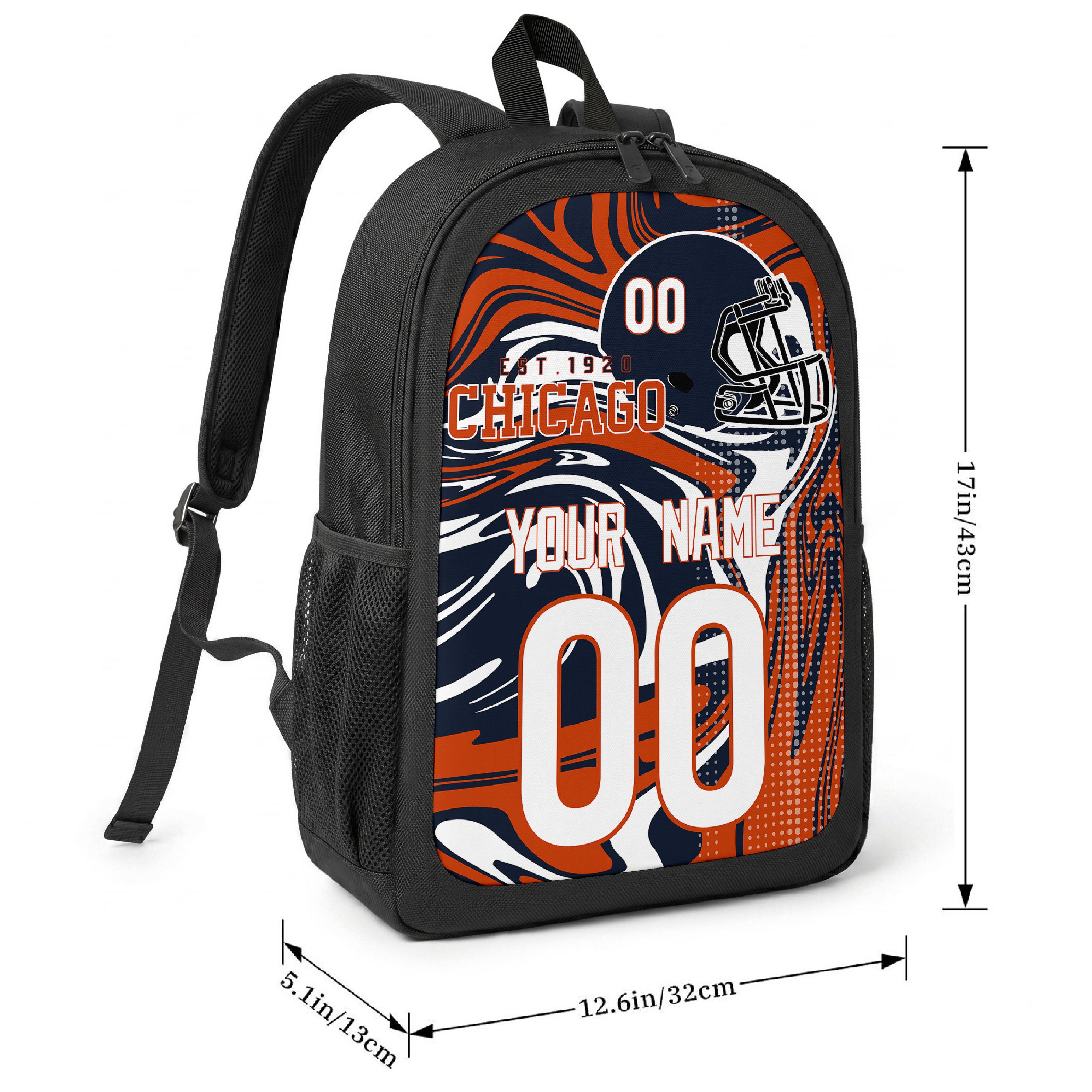 Chicago football-inspired backpack size chart showing 17 inch height, 12.6 inch width, and 5.1 inch depth