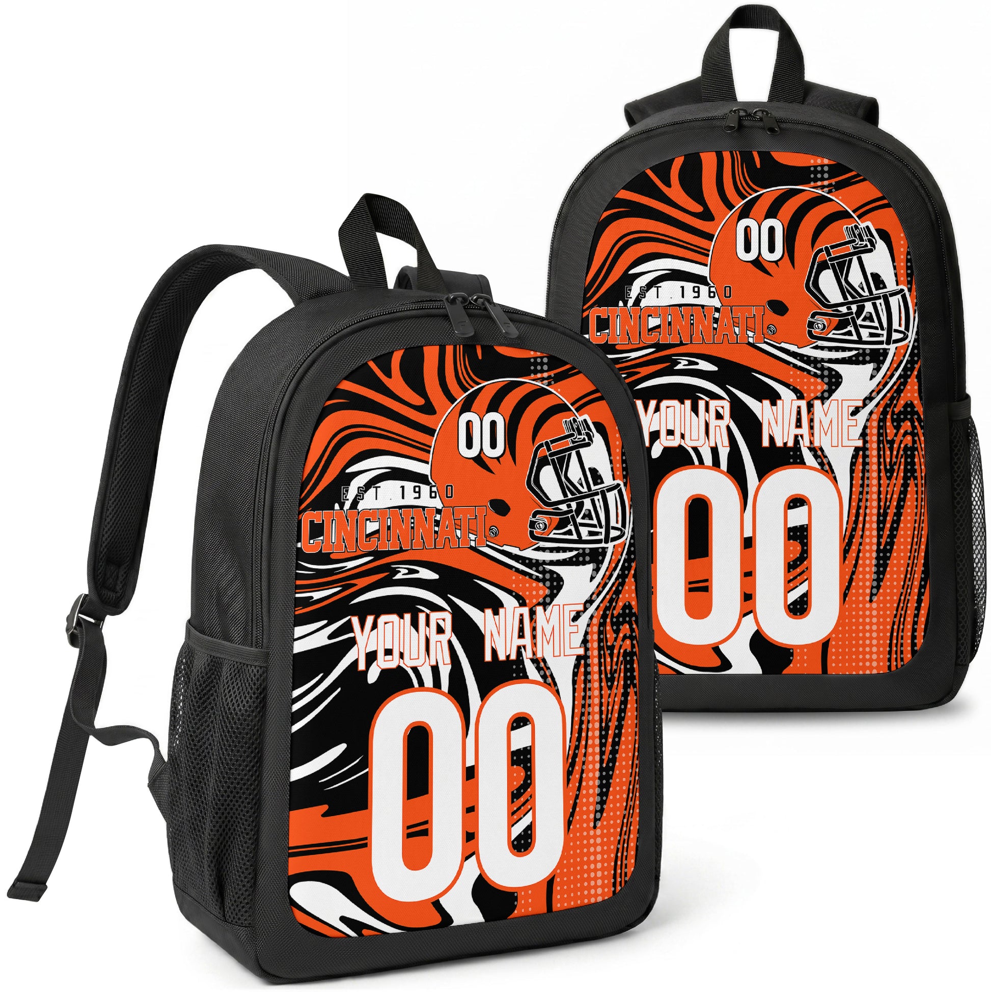 Cincinnati custom football backpack with name and number, front and angled product view