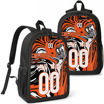 Cincinnati custom football backpack with name and number, front and angled product view