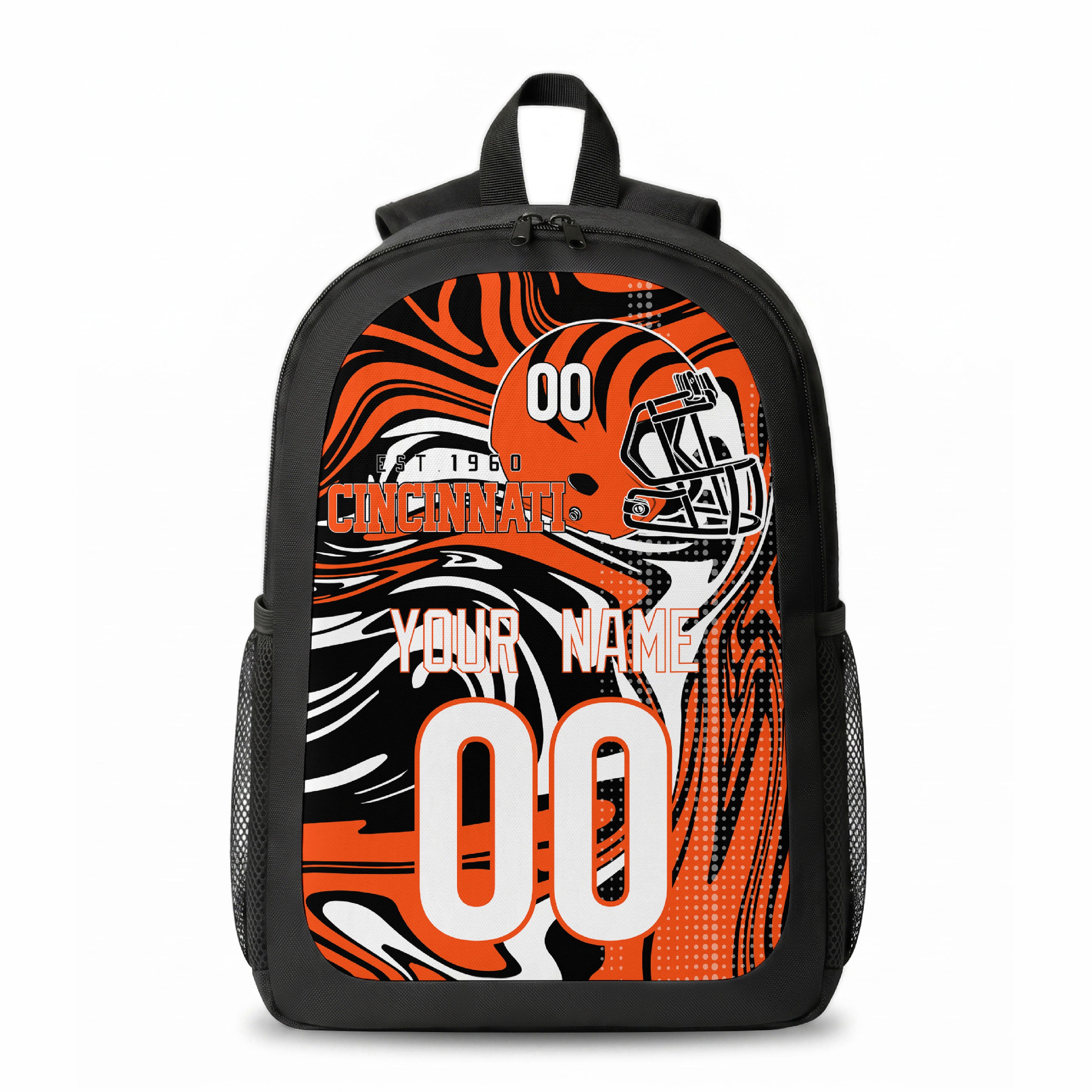 Cincinnati city colors personalized football backpack front view with helmet-style graphic