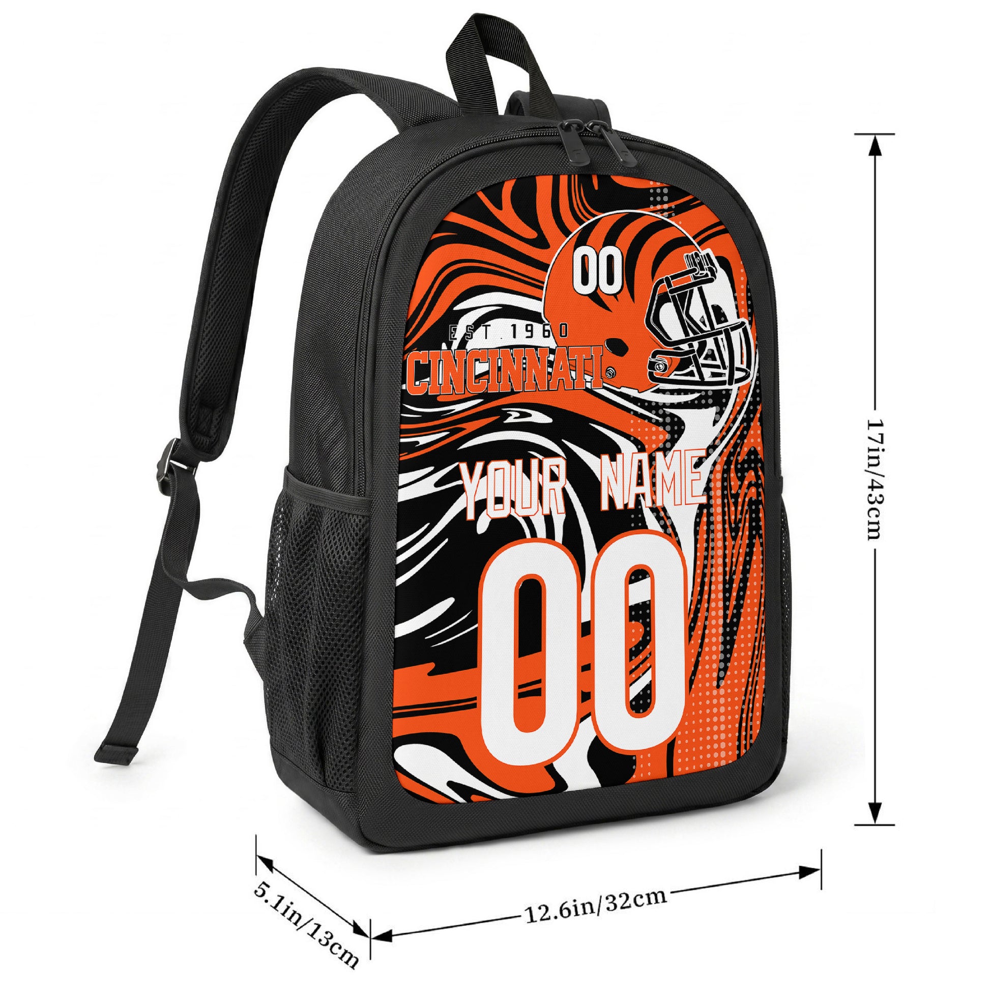 Cincinnati football-inspired backpack size chart showing 17 inch height, 12.6 inch width, and 5.1 inch depth
