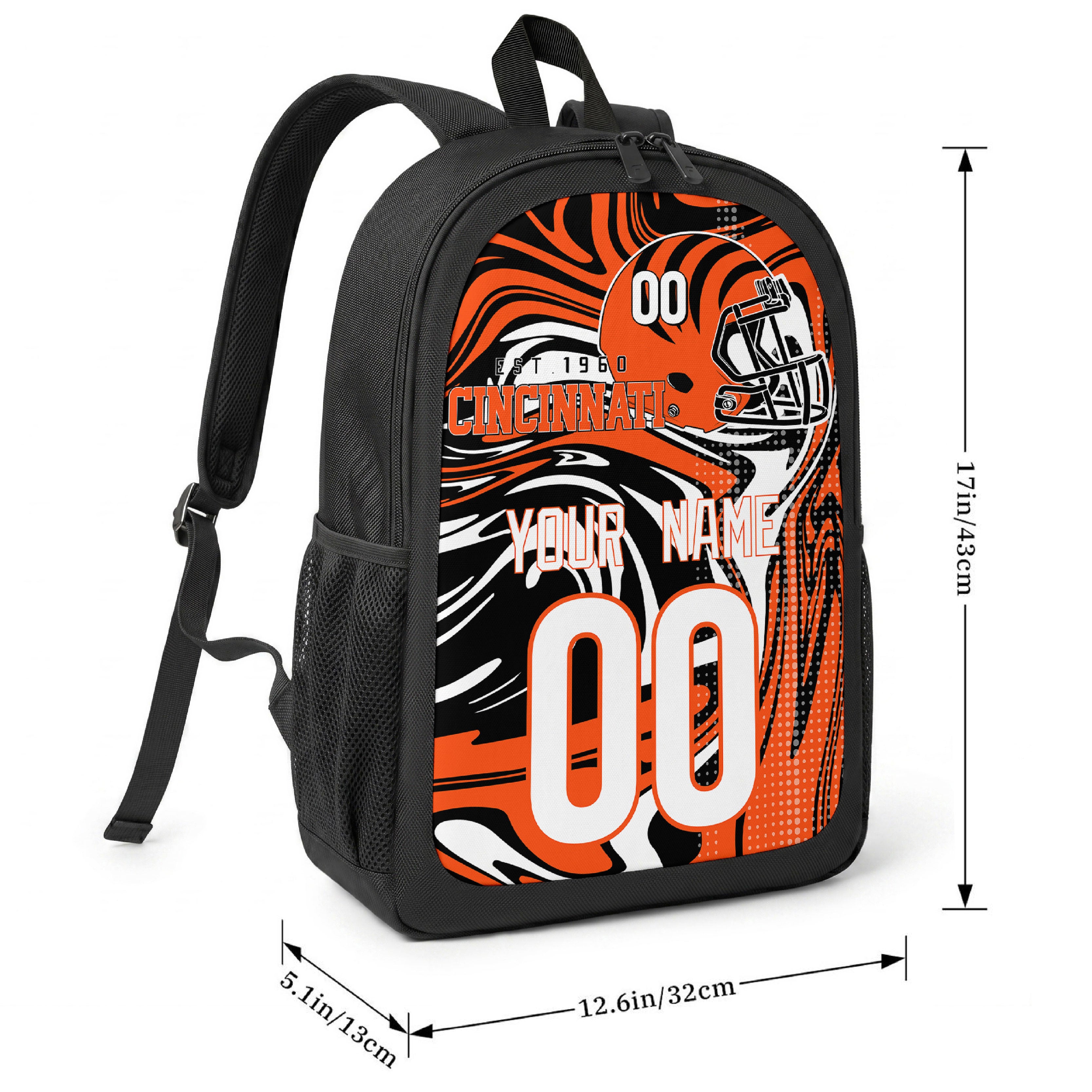 Cincinnati football-inspired backpack size chart showing 17 inch height, 12.6 inch width, and 5.1 inch depth