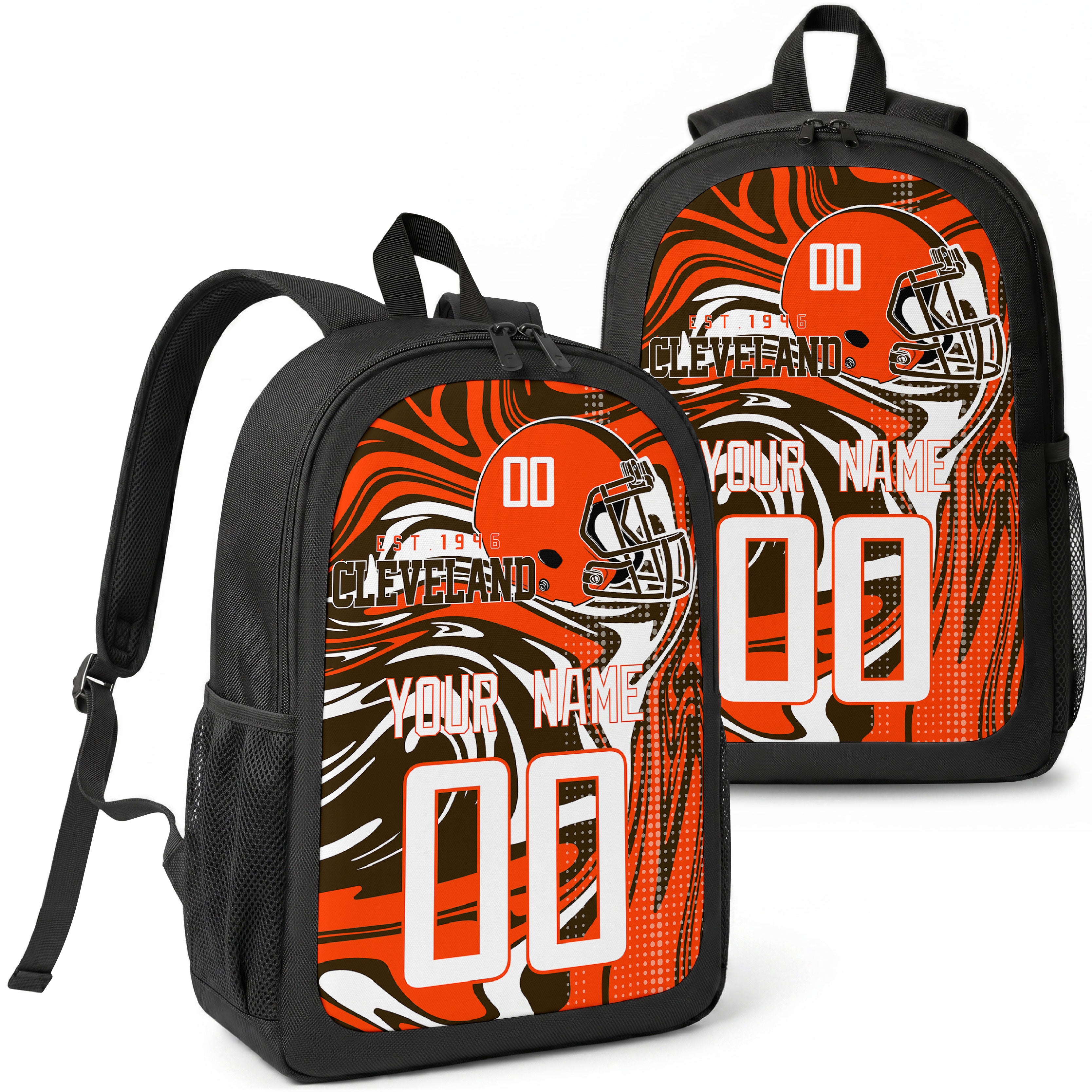 Cleveland custom football backpack with name and number, front and angled product view