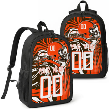Cleveland custom football backpack with name and number, front and angled product view